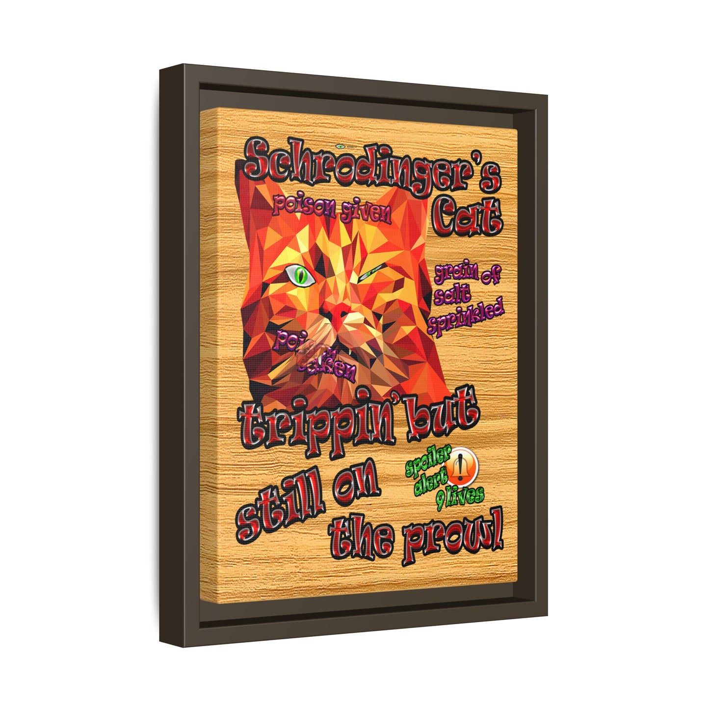schrodinger's cat - framed canvas art (butterscotch wood finish)