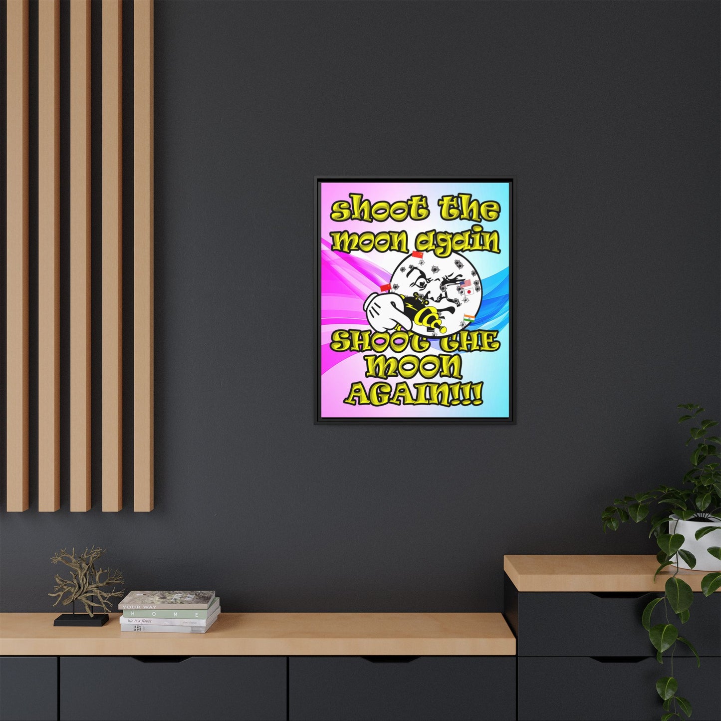 shoot the moon again - framed canvas art (light blue-pink wave)