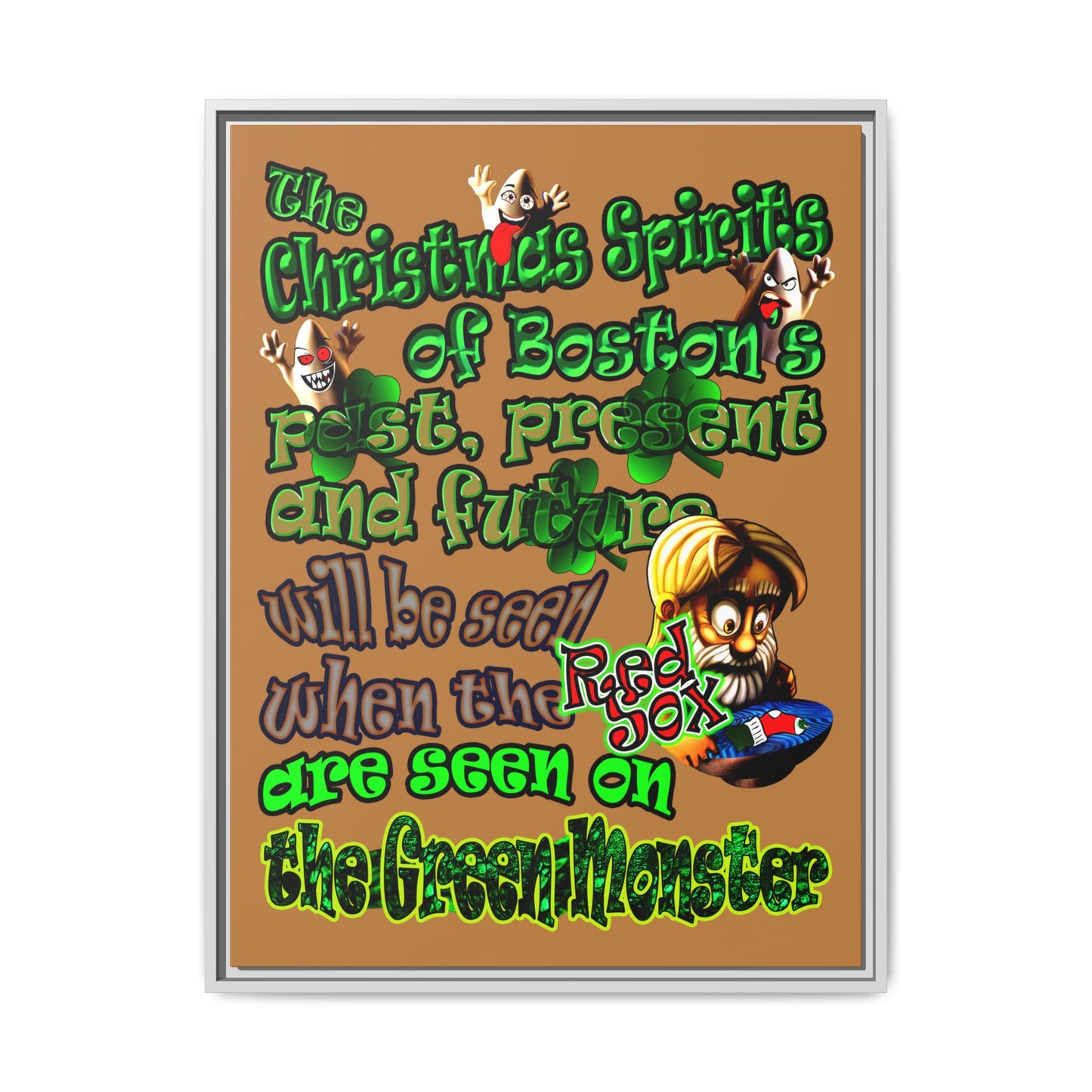 christmas spirits of boston - framed canvas art (light brown)