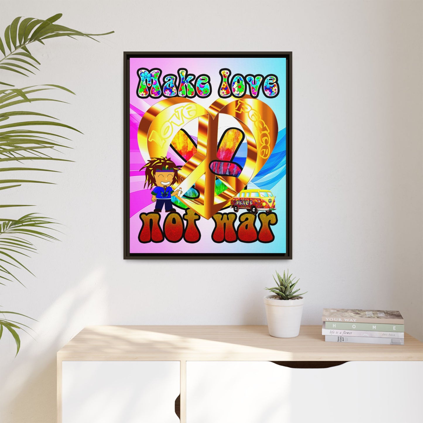 love peace - framed canvas art (light blue-pink wave)