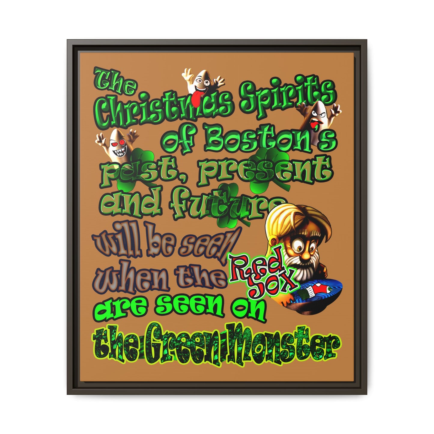 christmas spirits of boston - framed canvas art (light brown)