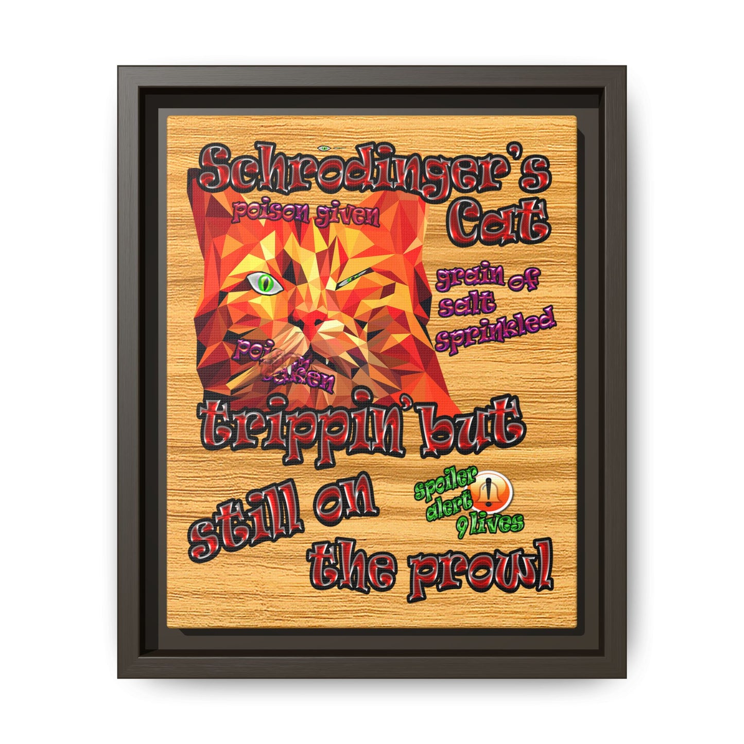 schrodinger's cat - framed canvas art (butterscotch wood finish)