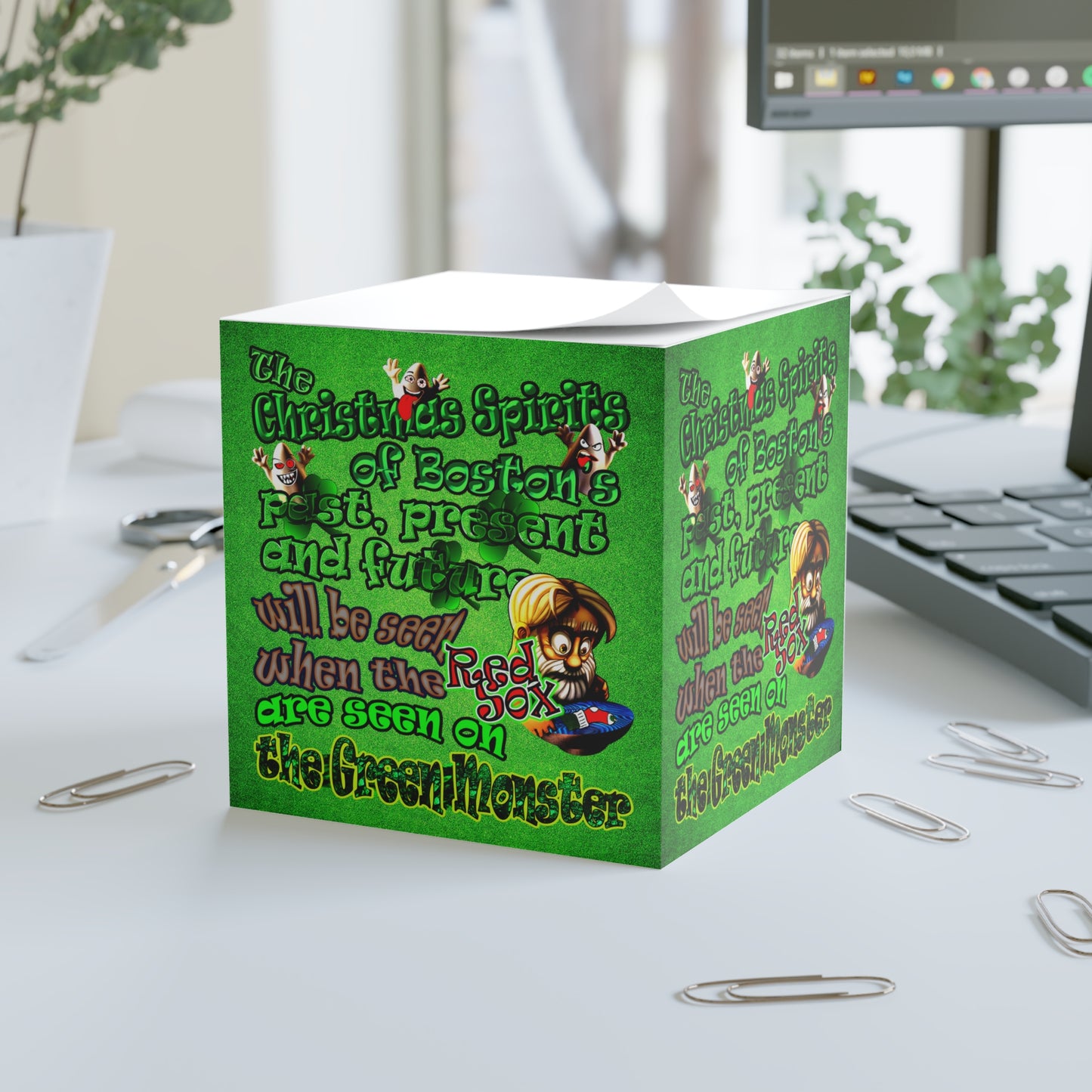 christmas spirits of boston - note cube (green turf)