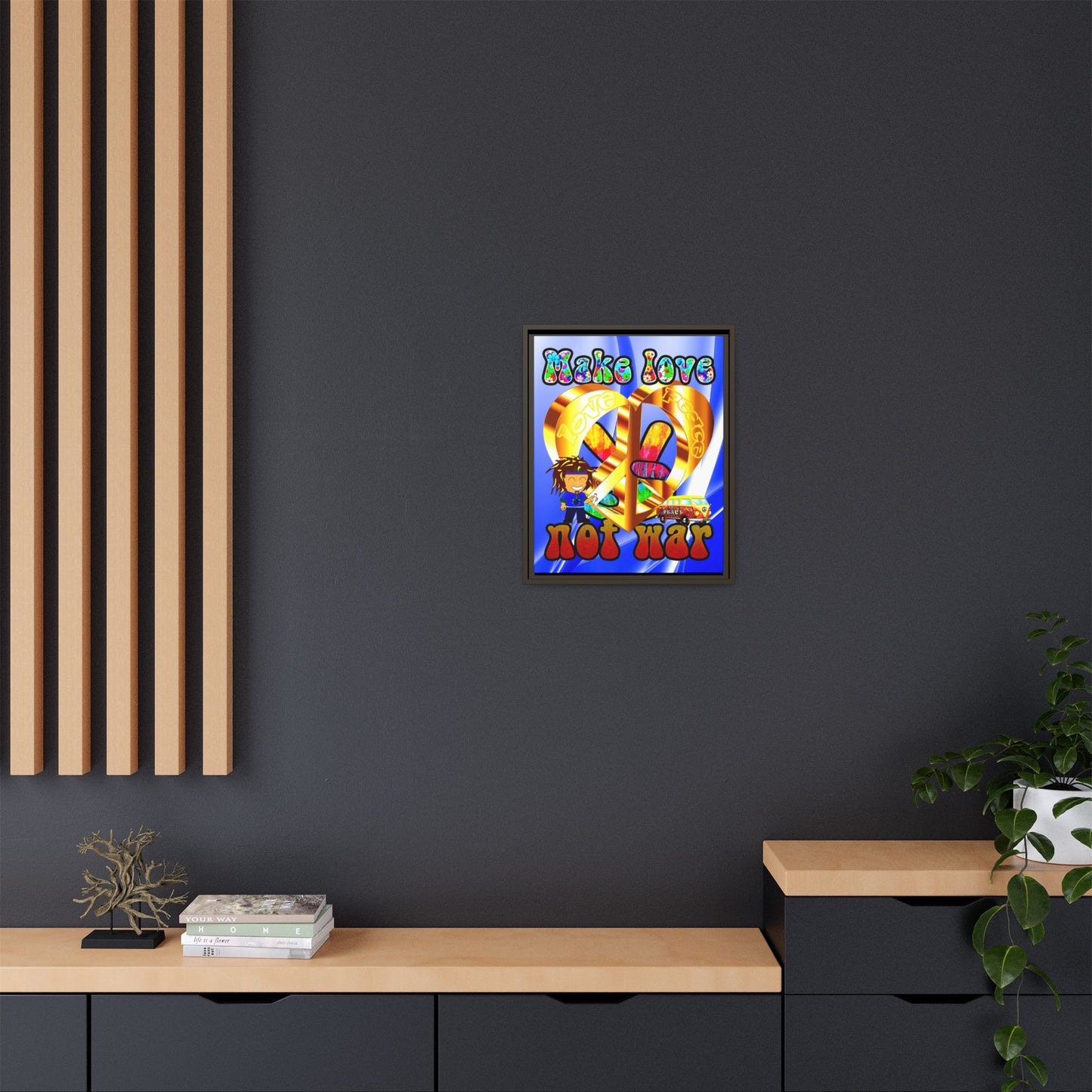 love peace - framed canvas art (blue-white wave)