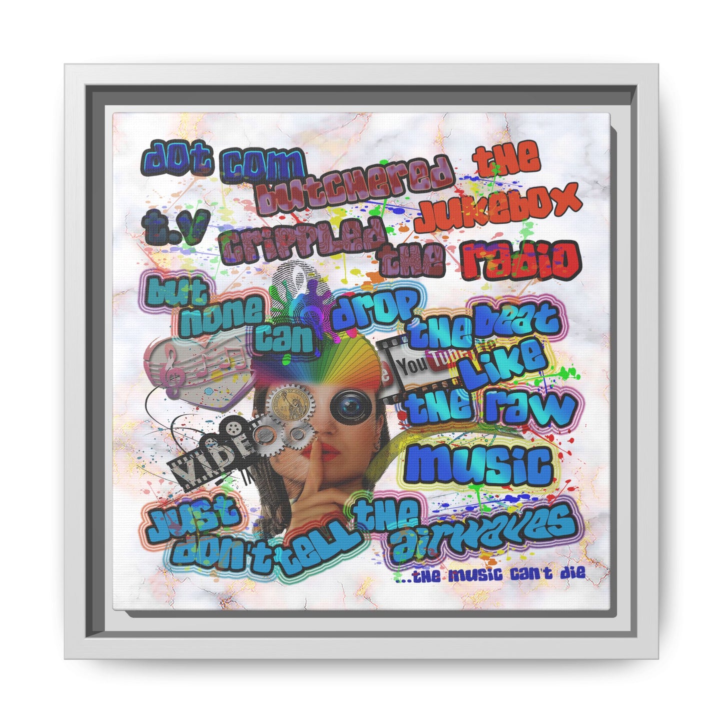 drop the beat - framed canvas art (white marble)