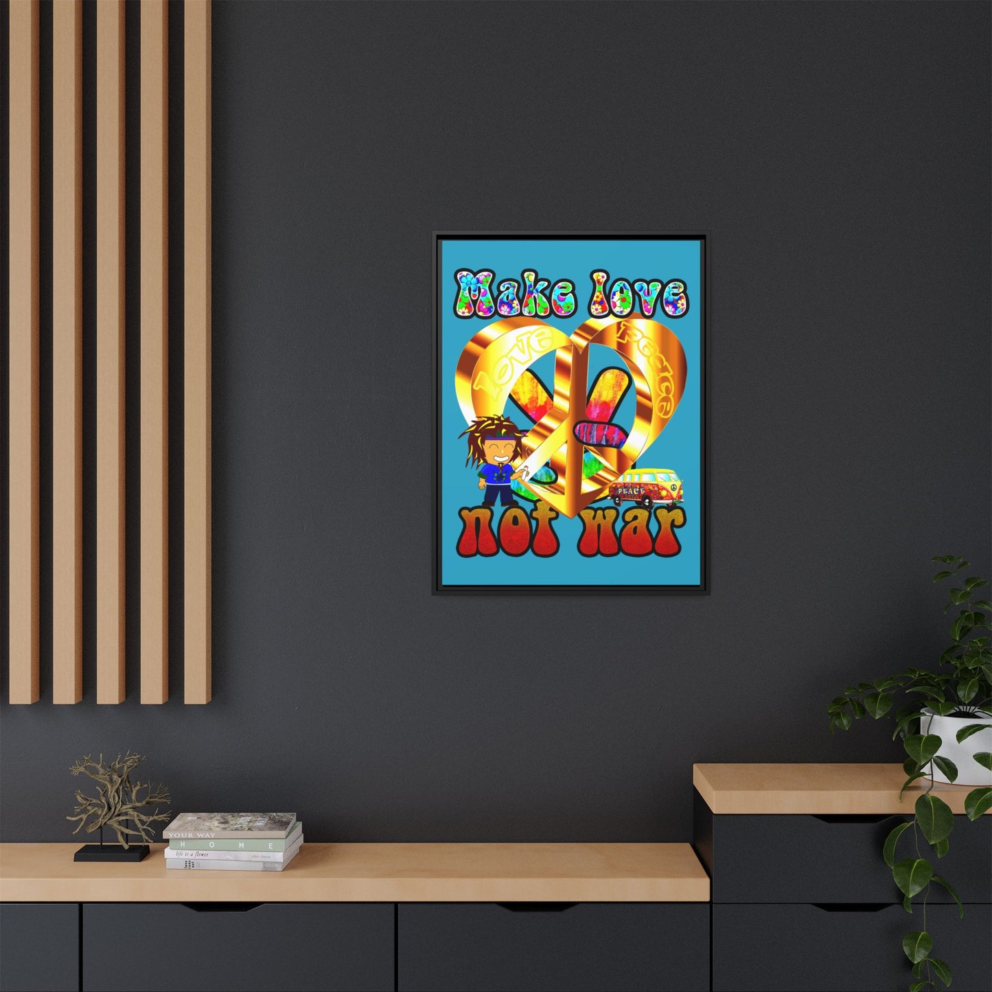 love peace - framed canvas art (turquoise)