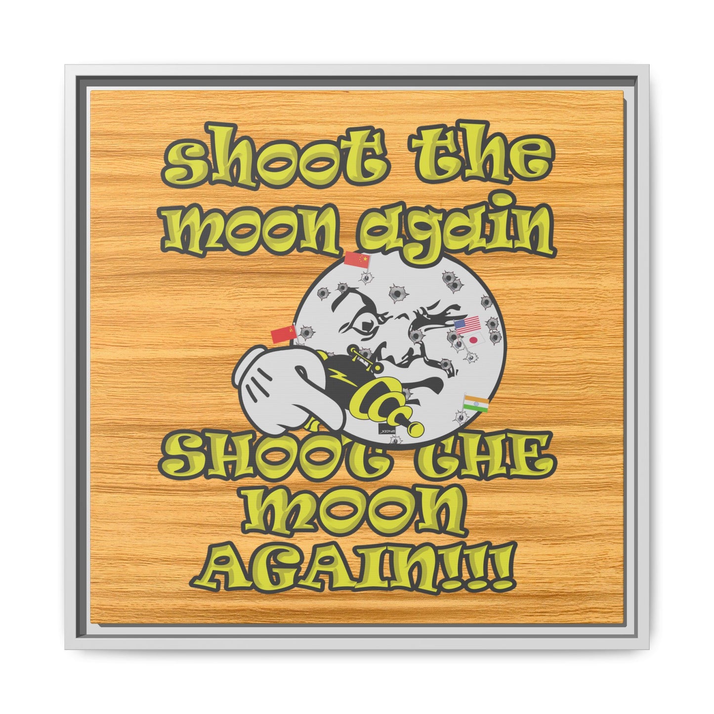 shoot the moon again - framed canvas art (butterscotch wood finish)