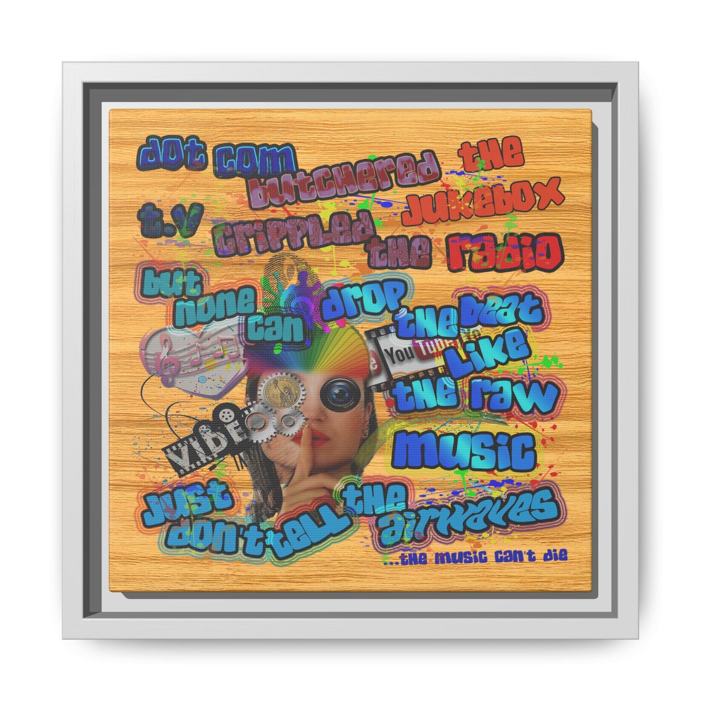 drop the beat - framed canvas art (butterscotch wood finish)