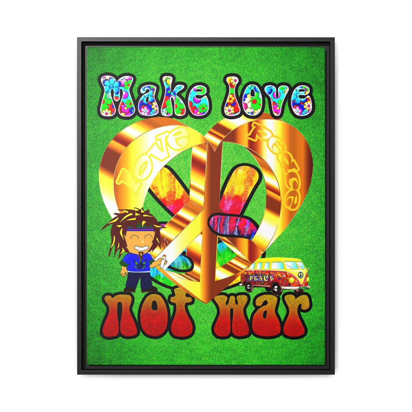 love peace - framed canvas art (green turf)