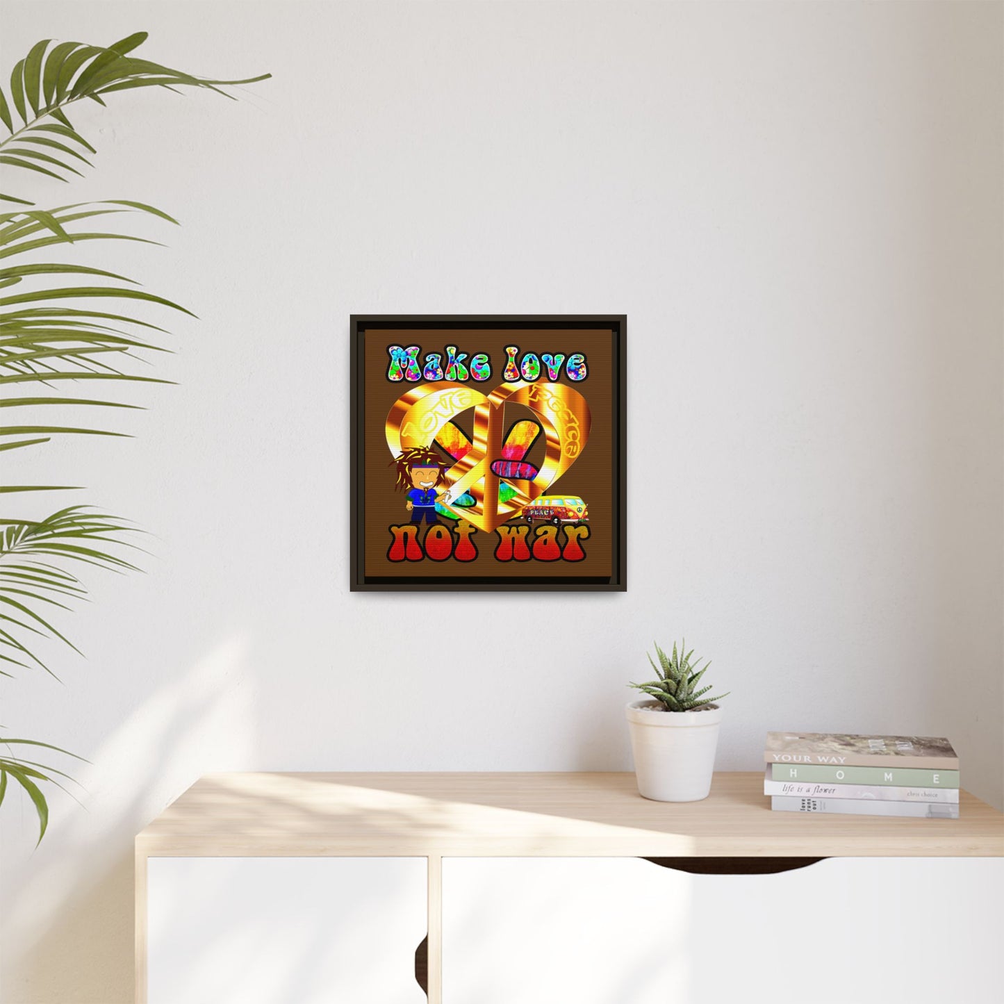 love peace - framed canvas art (brown)