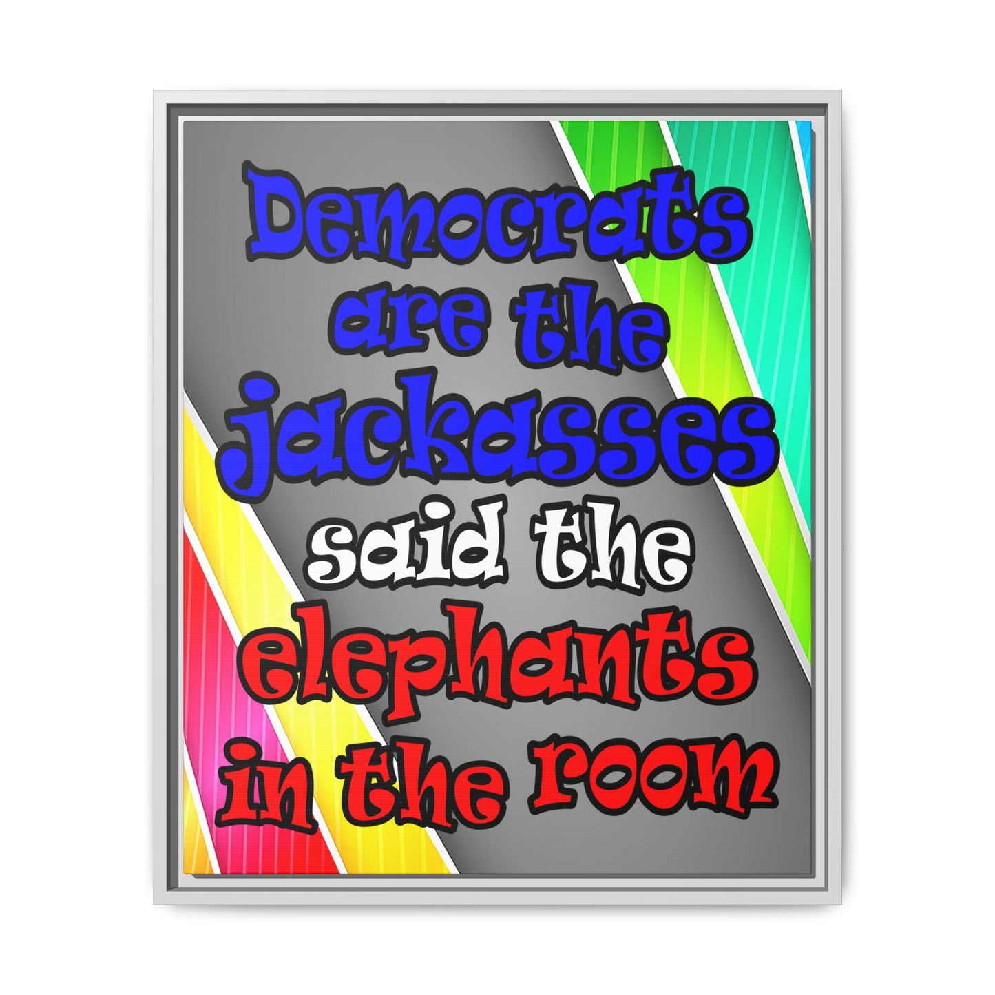 donkeys and elephants - framed canvas art (rainbow split)