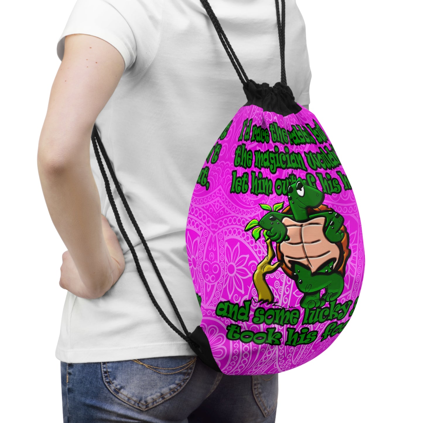 turtle race - Drawstring Bag (pink swirl)