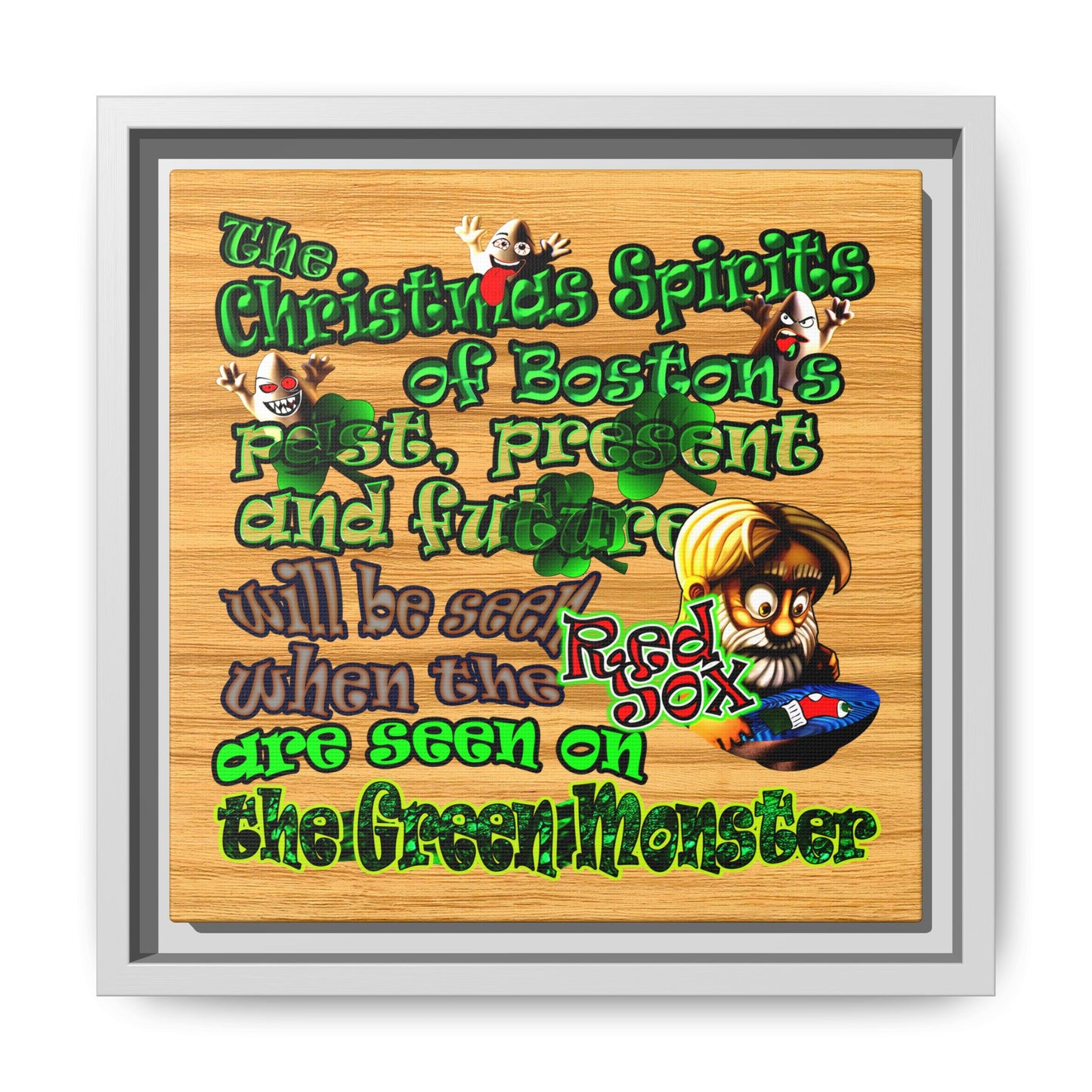 christmas spirits of boston - framed canvas art (butterscotch wood finish)