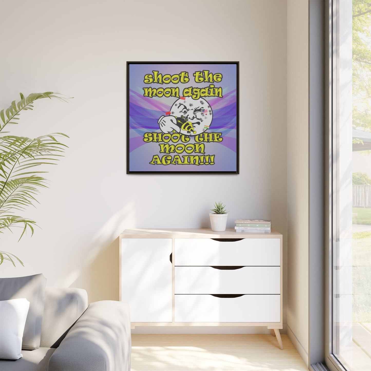 shoot the moon again - framed canvas art (light blue-pink wave)