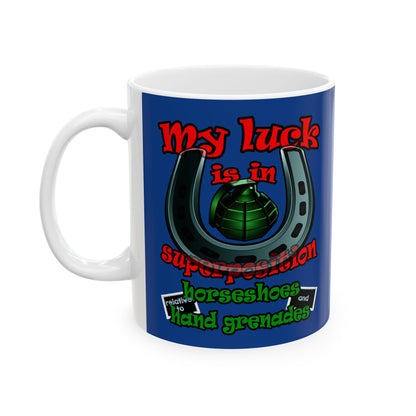 my luck - White Mug (dark blue)