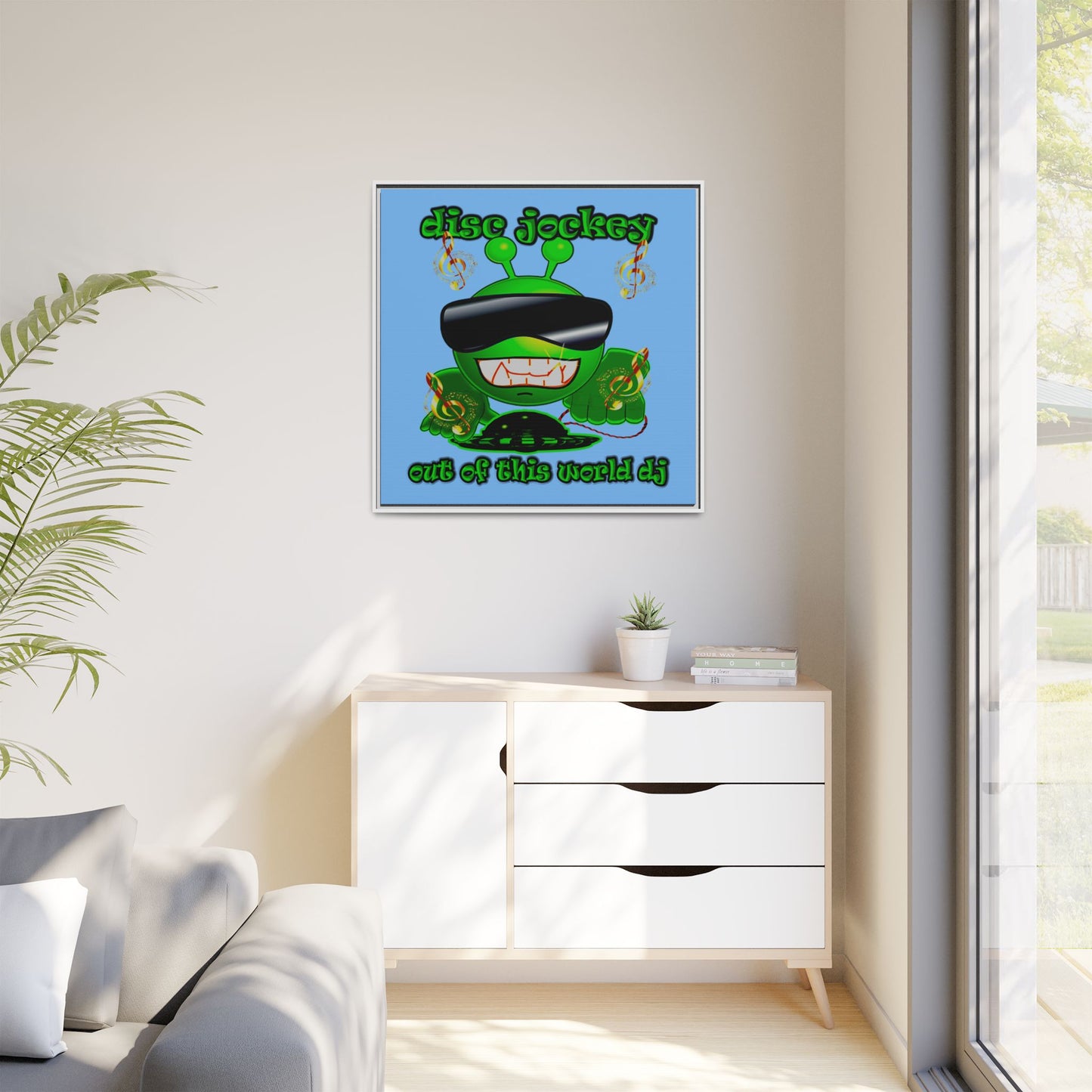 disc jockey - framed canvas art (light blue)