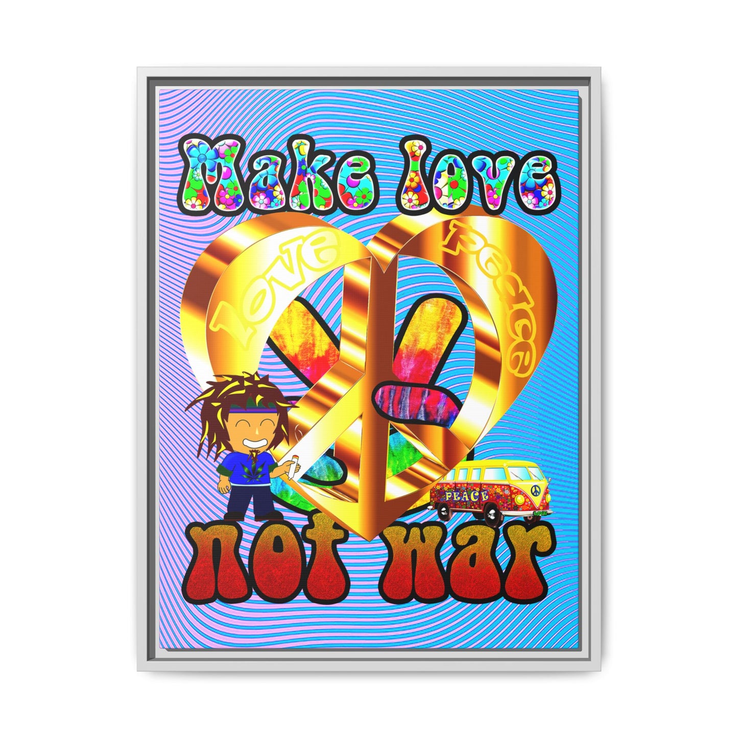 love peace - framed canvas art (light blue-purple wave)