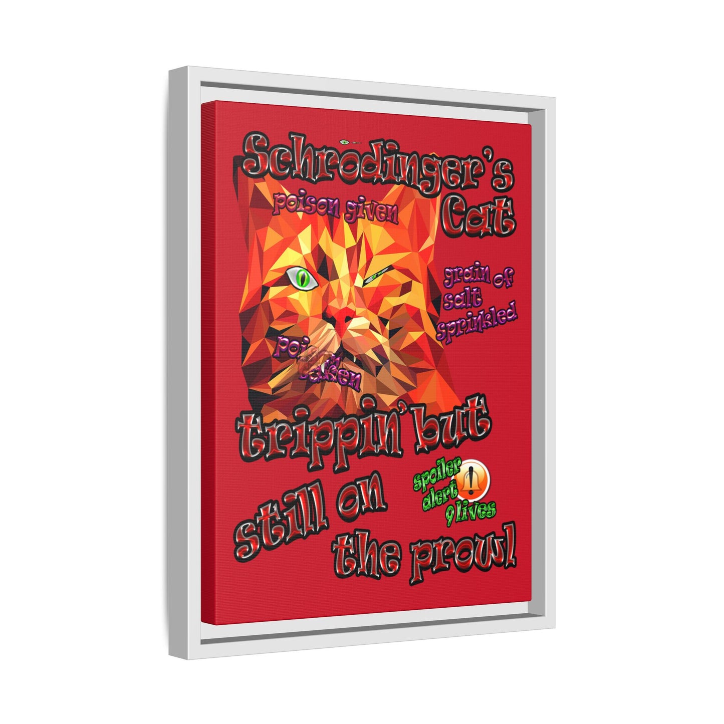 schrodinger's cat - framed canvas art (dark red)