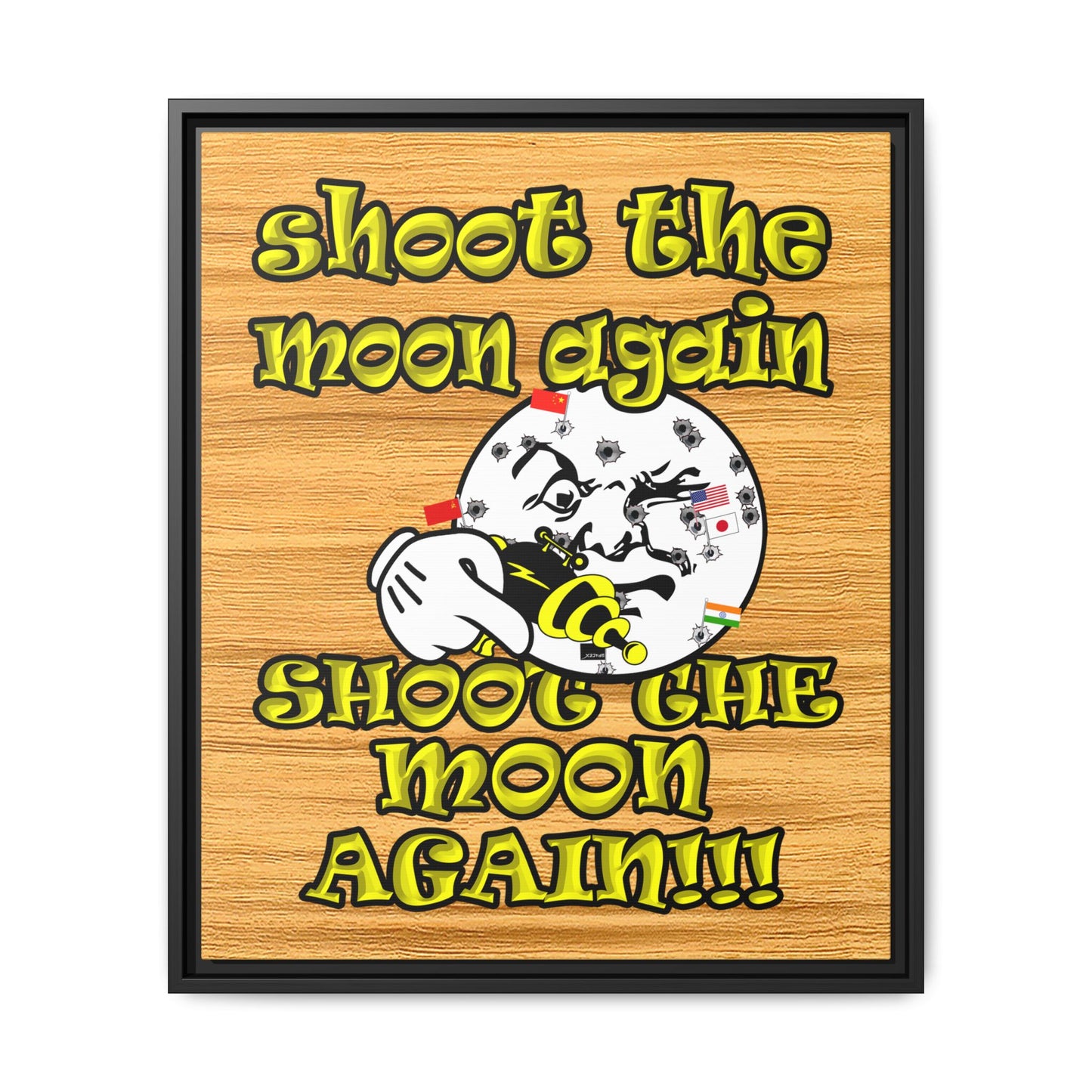 shoot the moon again - framed canvas art (butterscotch wood finish)