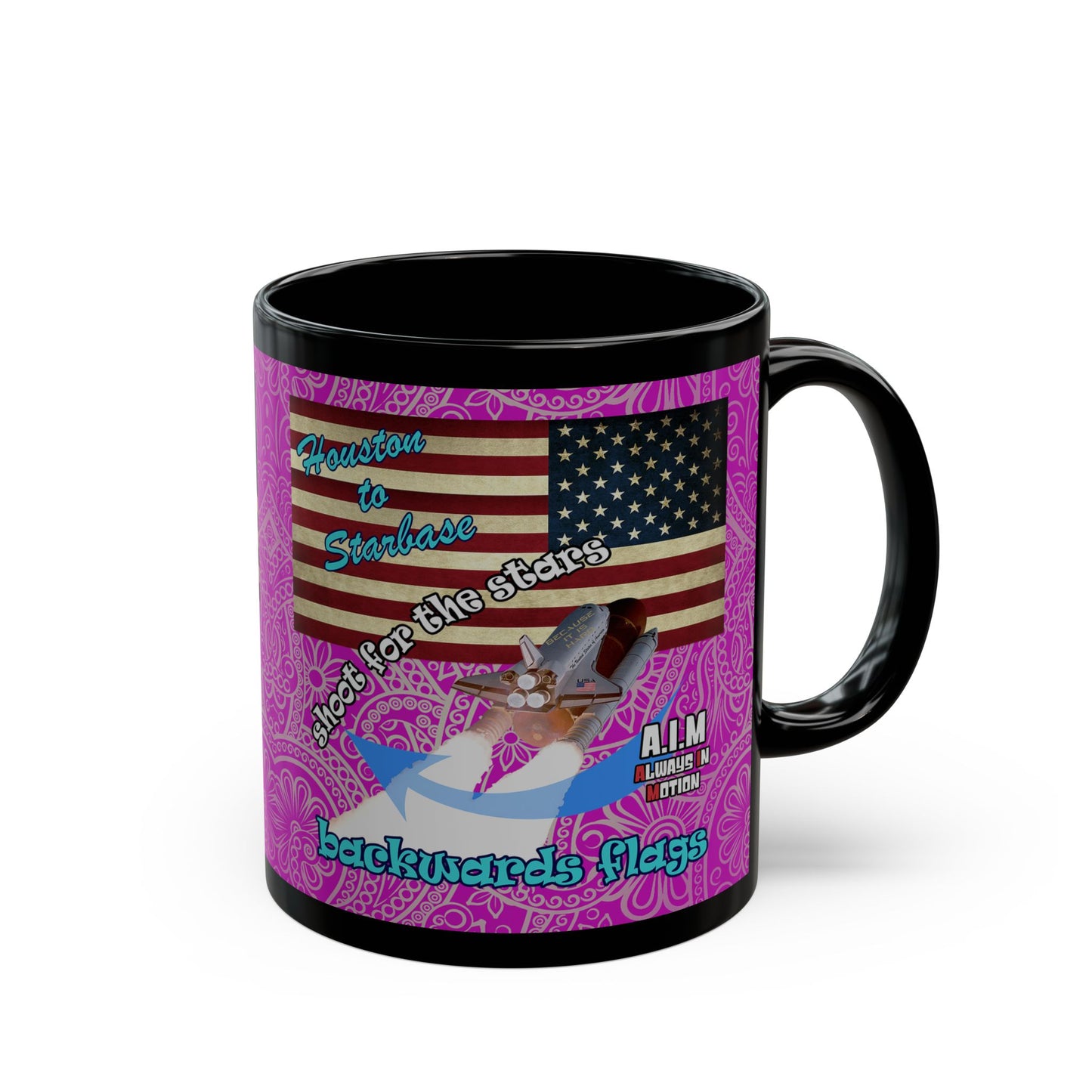 shoot for the stars - Black Mug (pink swirl)