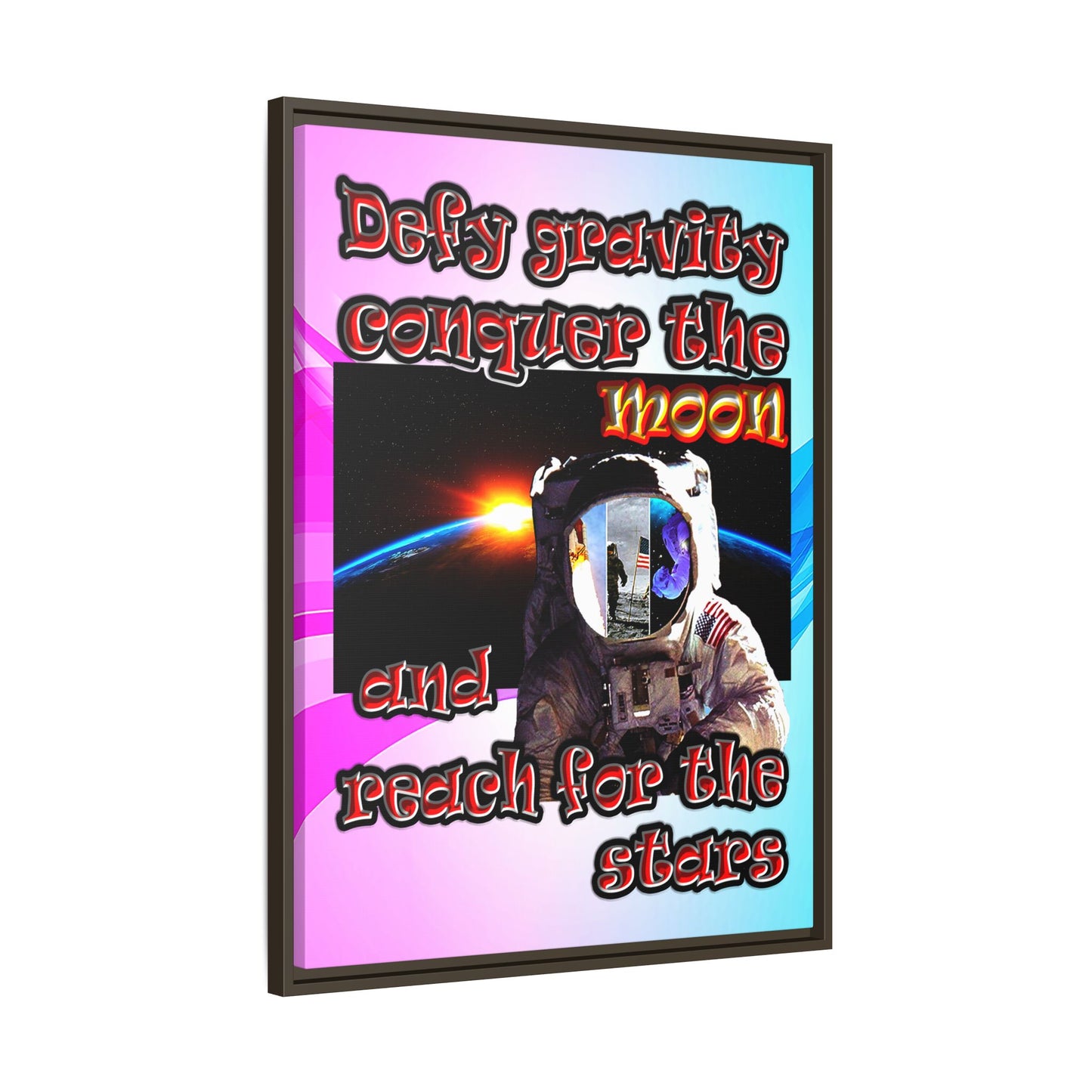 defy conquer reach - framed canvas art (light blue-pink wave)