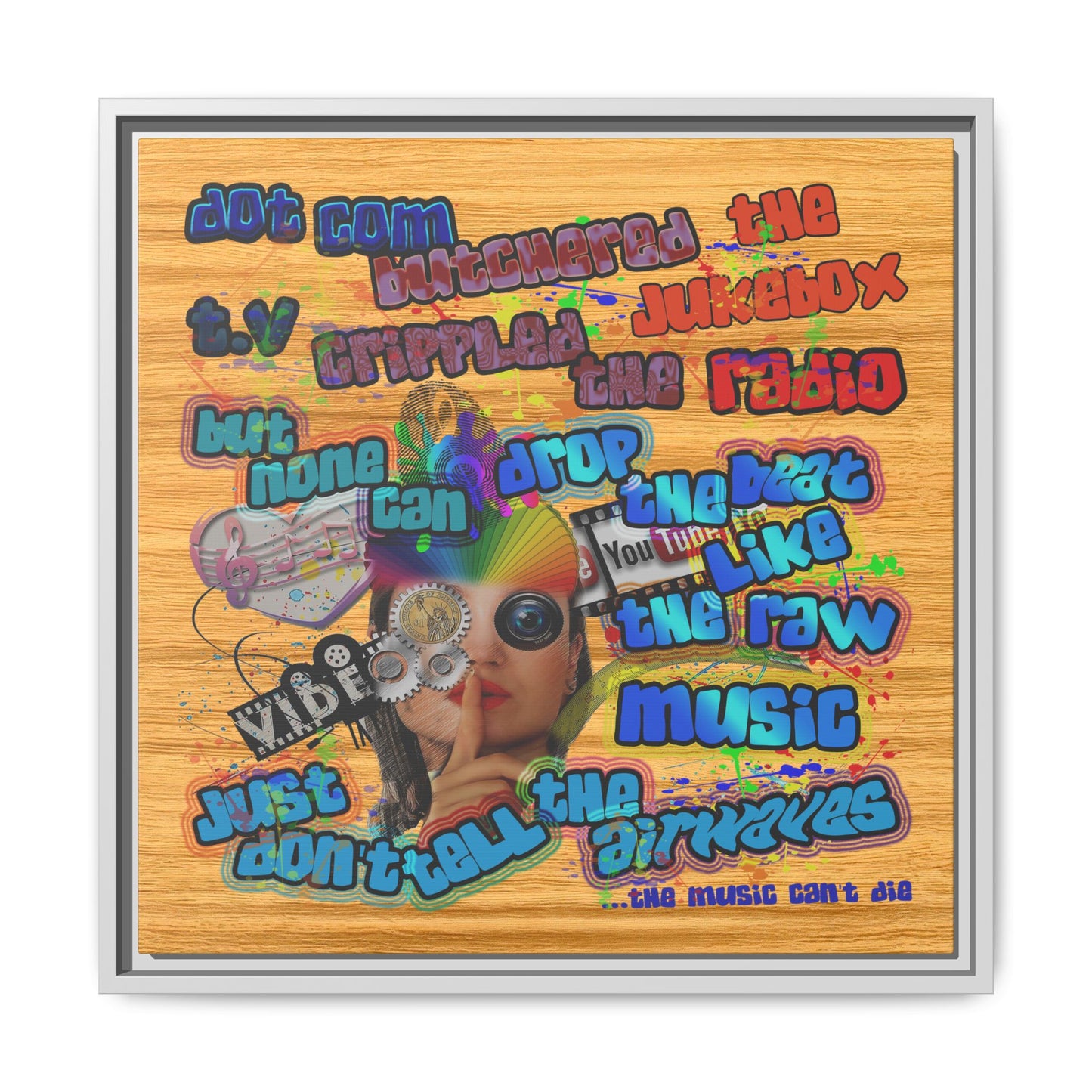 drop the beat - framed canvas art (butterscotch wood finish)