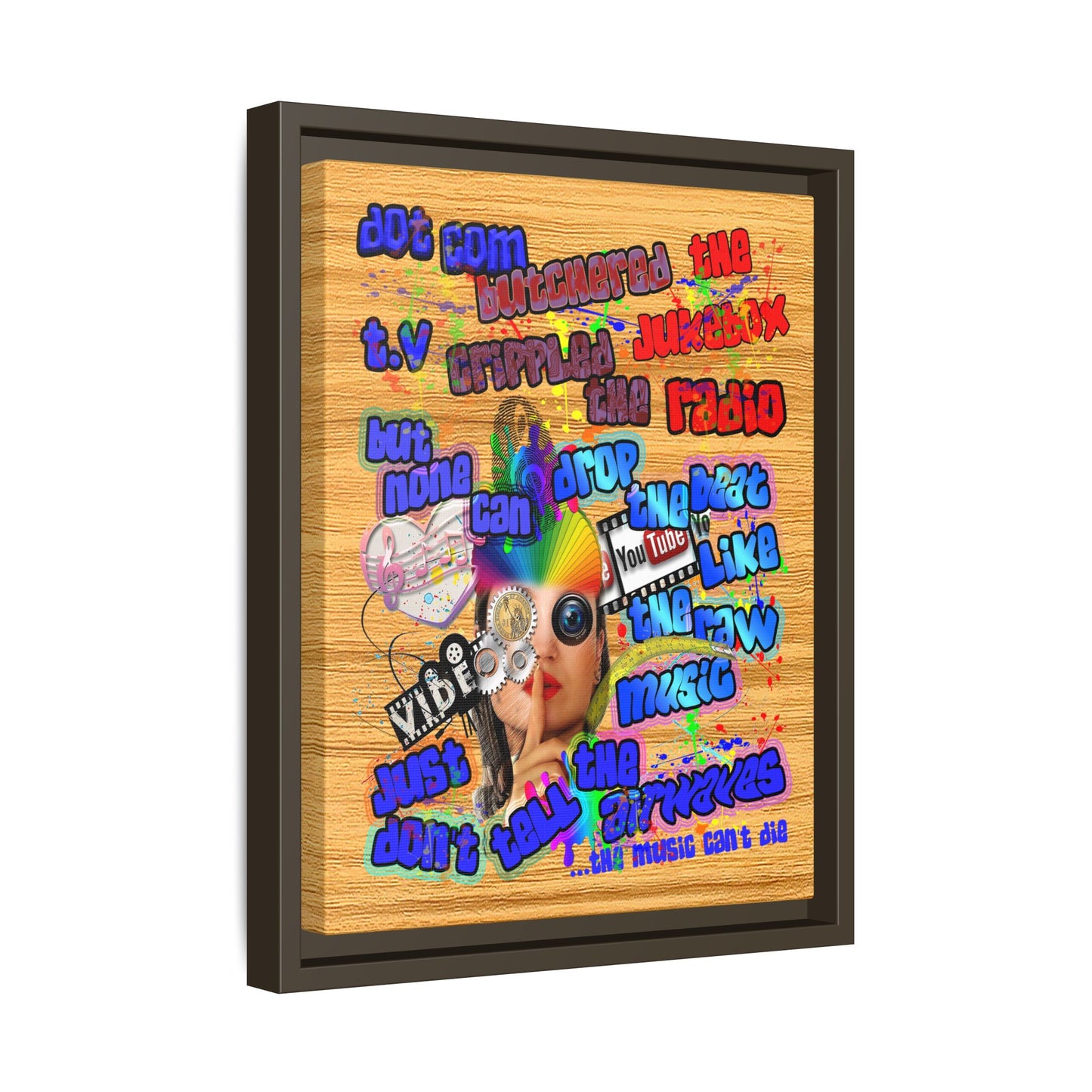 drop the beat - framed canvas art (butterscotch wood finish)
