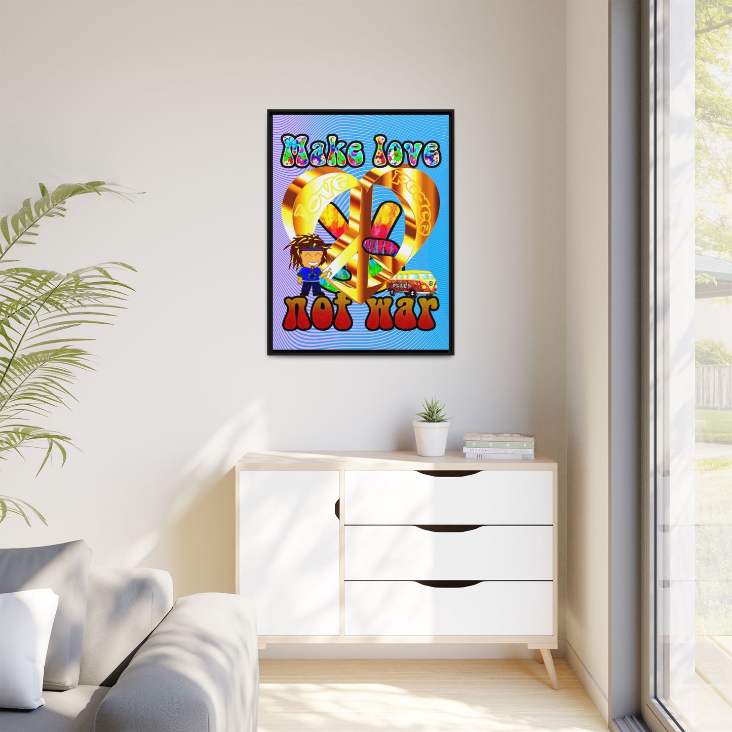 love peace - framed canvas art (light blue-purple wave)