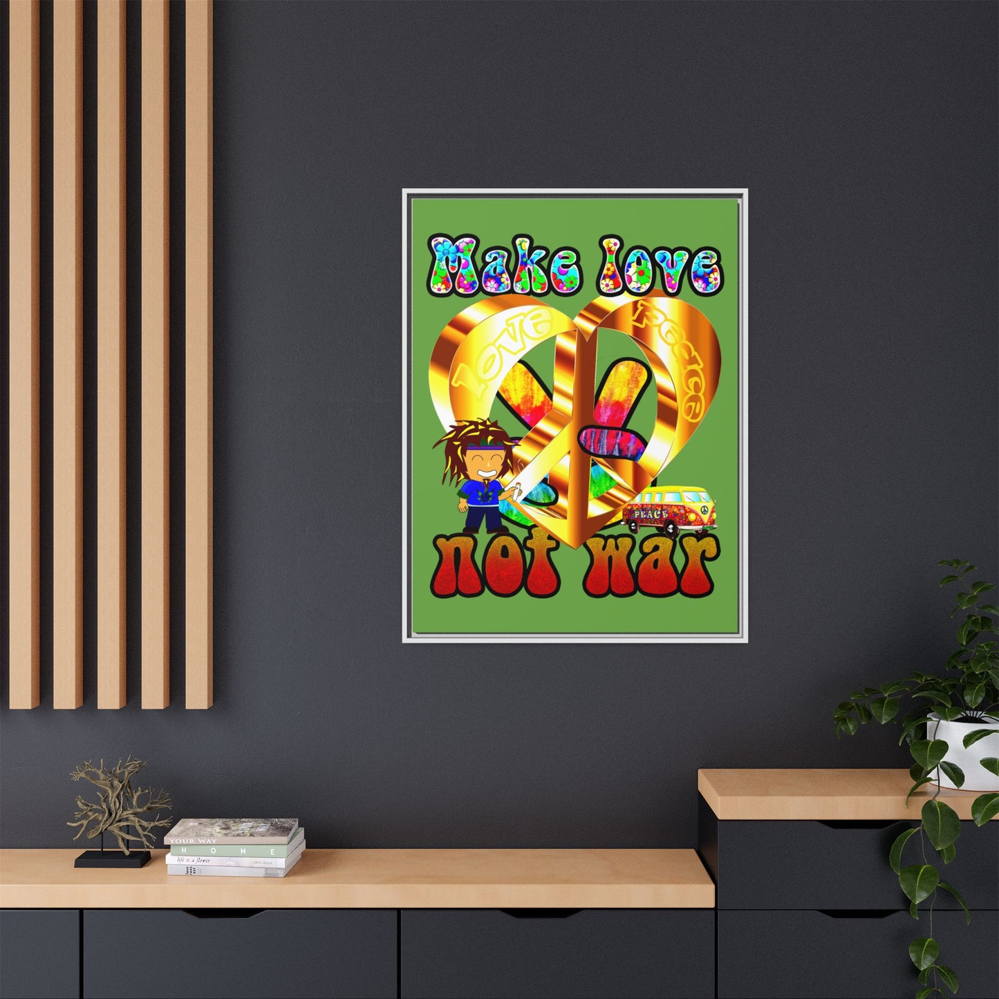 love peace - framed canvas art (green)