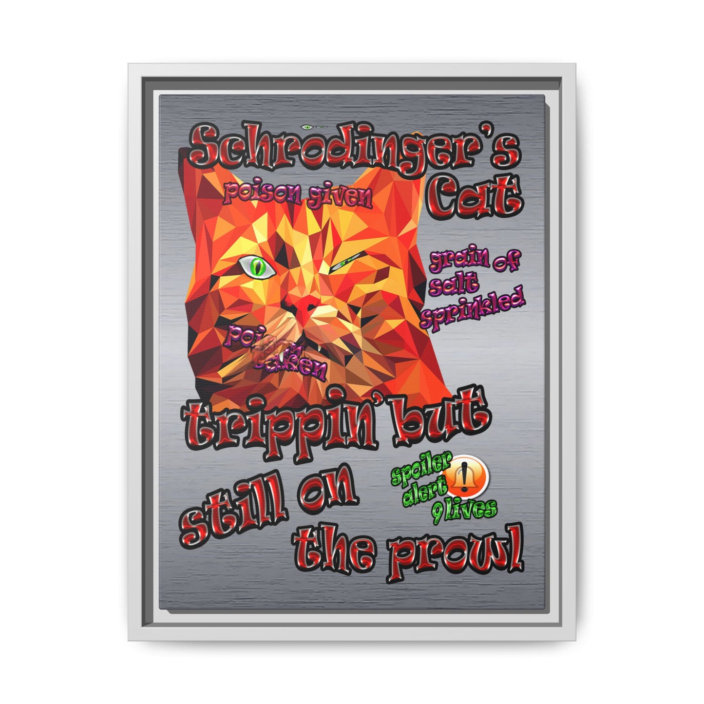 schrodinger's cat - framed canvas art (brushed nickel)