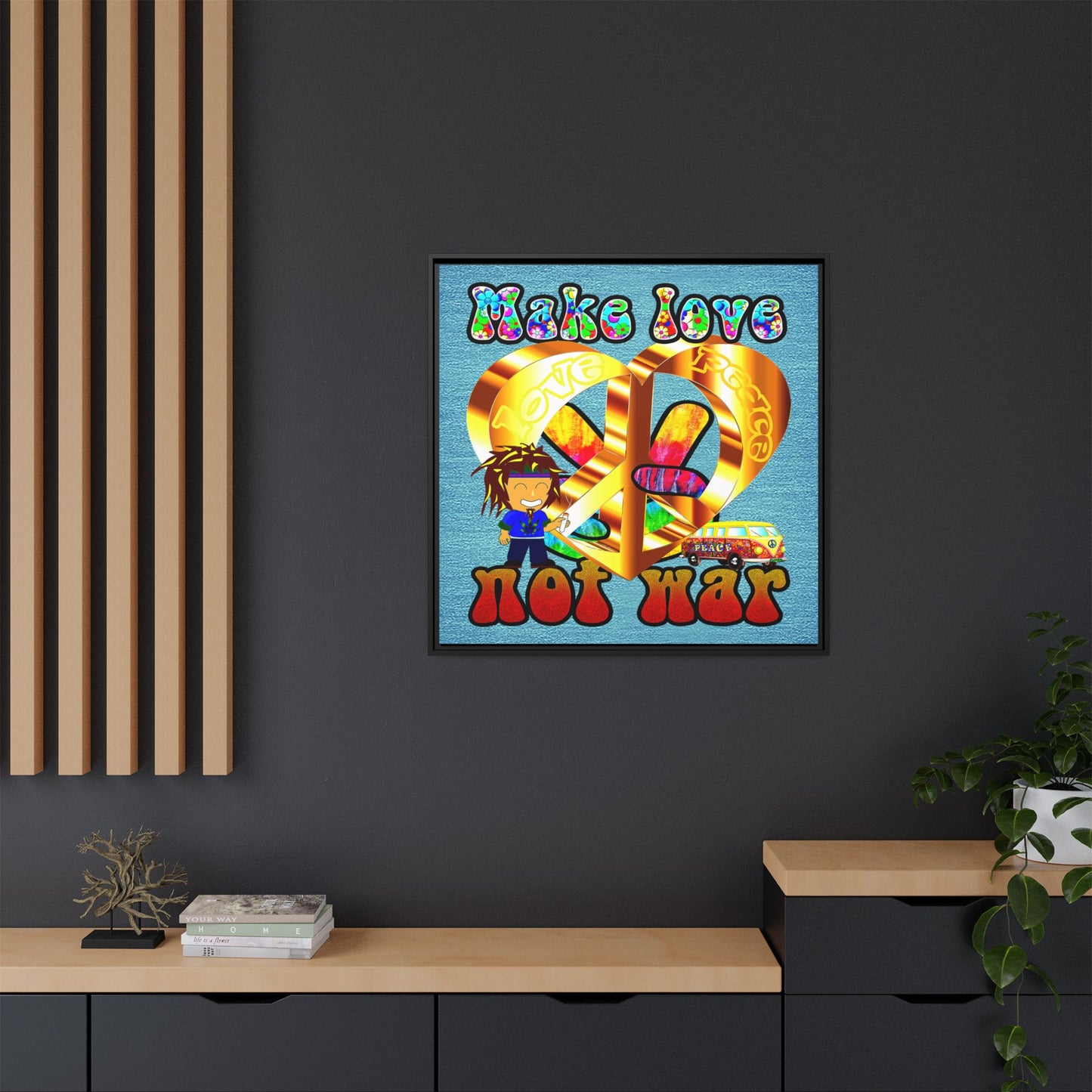 love peace - framed canvas art (faded blue)