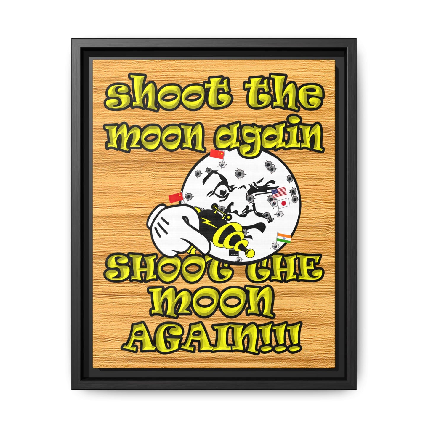 shoot the moon again - framed canvas art (butterscotch wood finish)