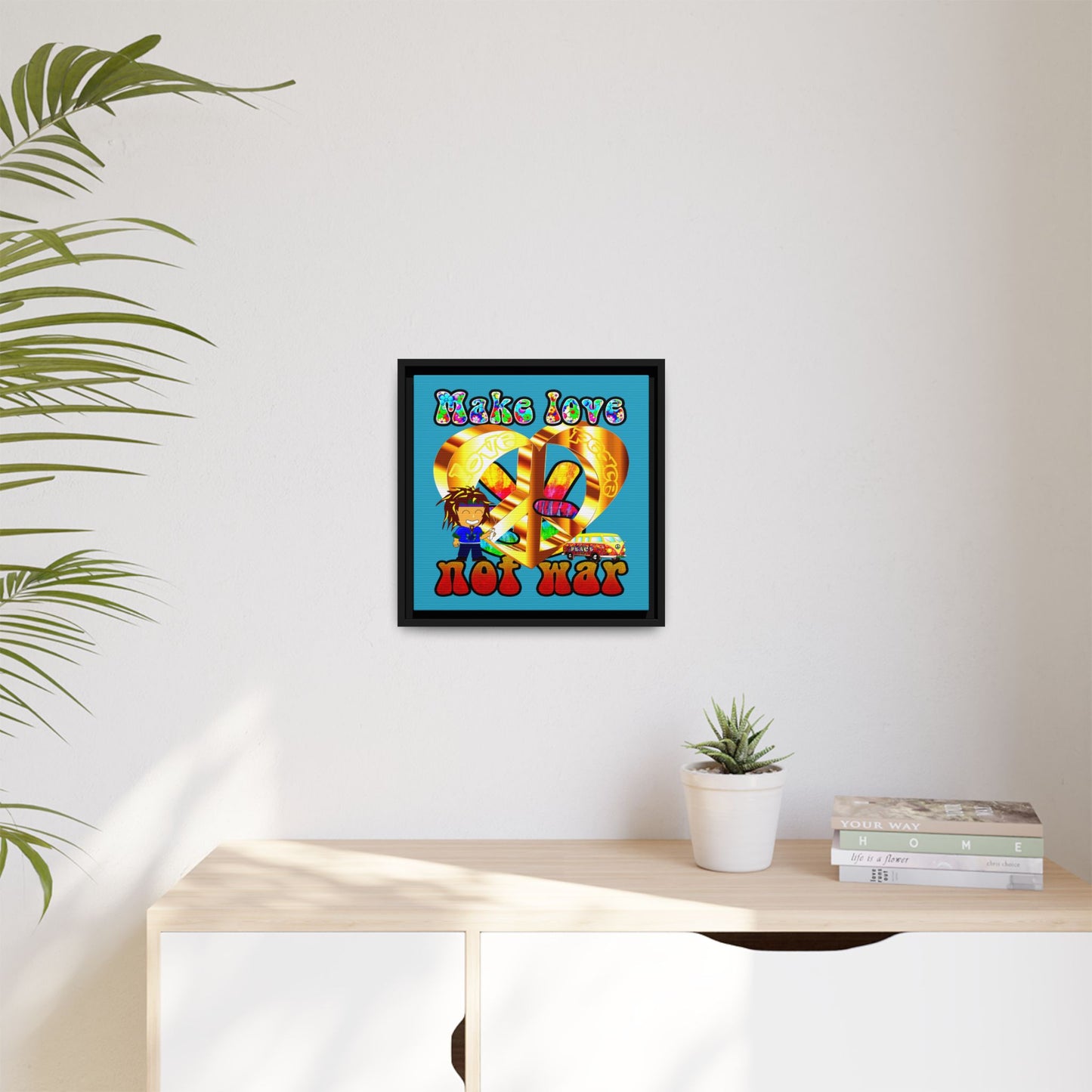 love peace - framed canvas art (turquoise)