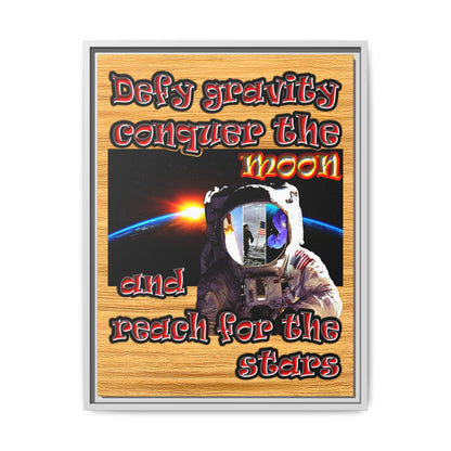 defy conquer reach - framed canvas art (butterscotch wood finish)
