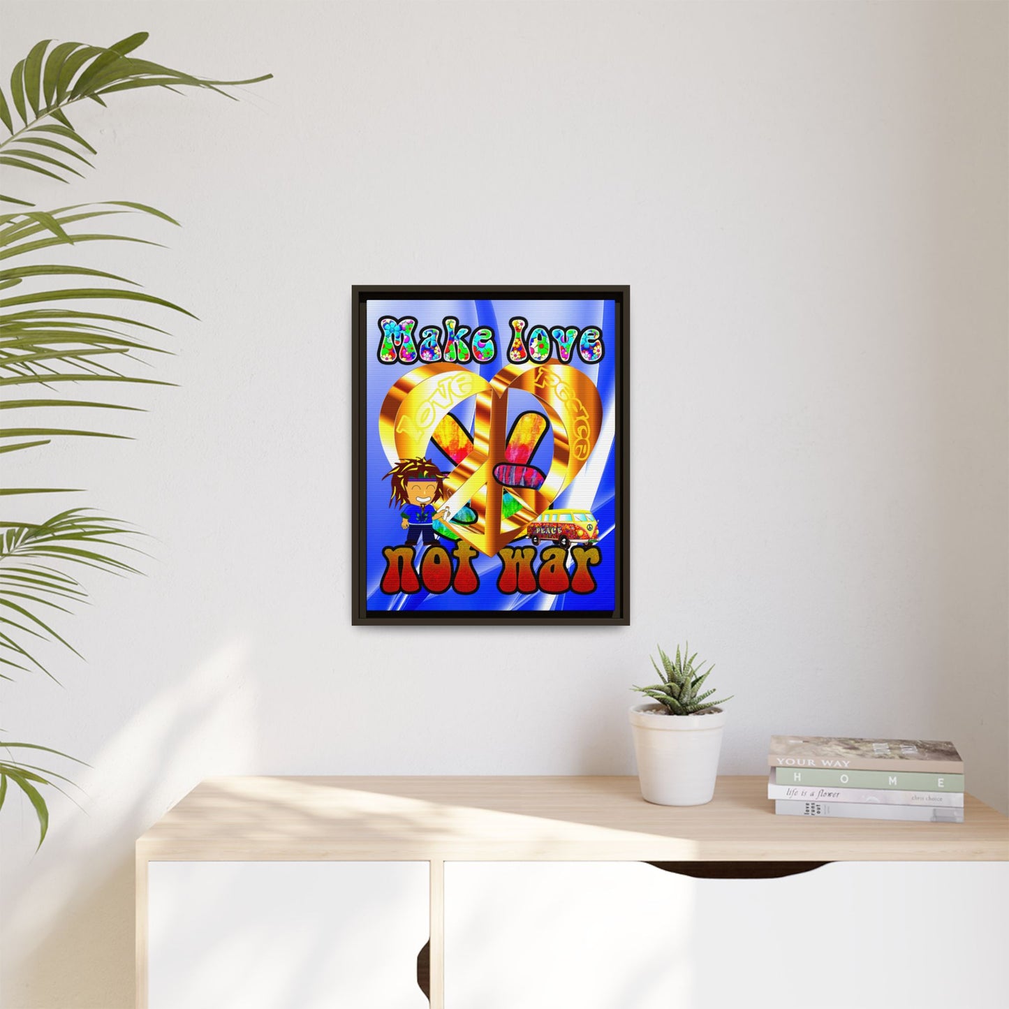 love peace - framed canvas art (blue-white wave)