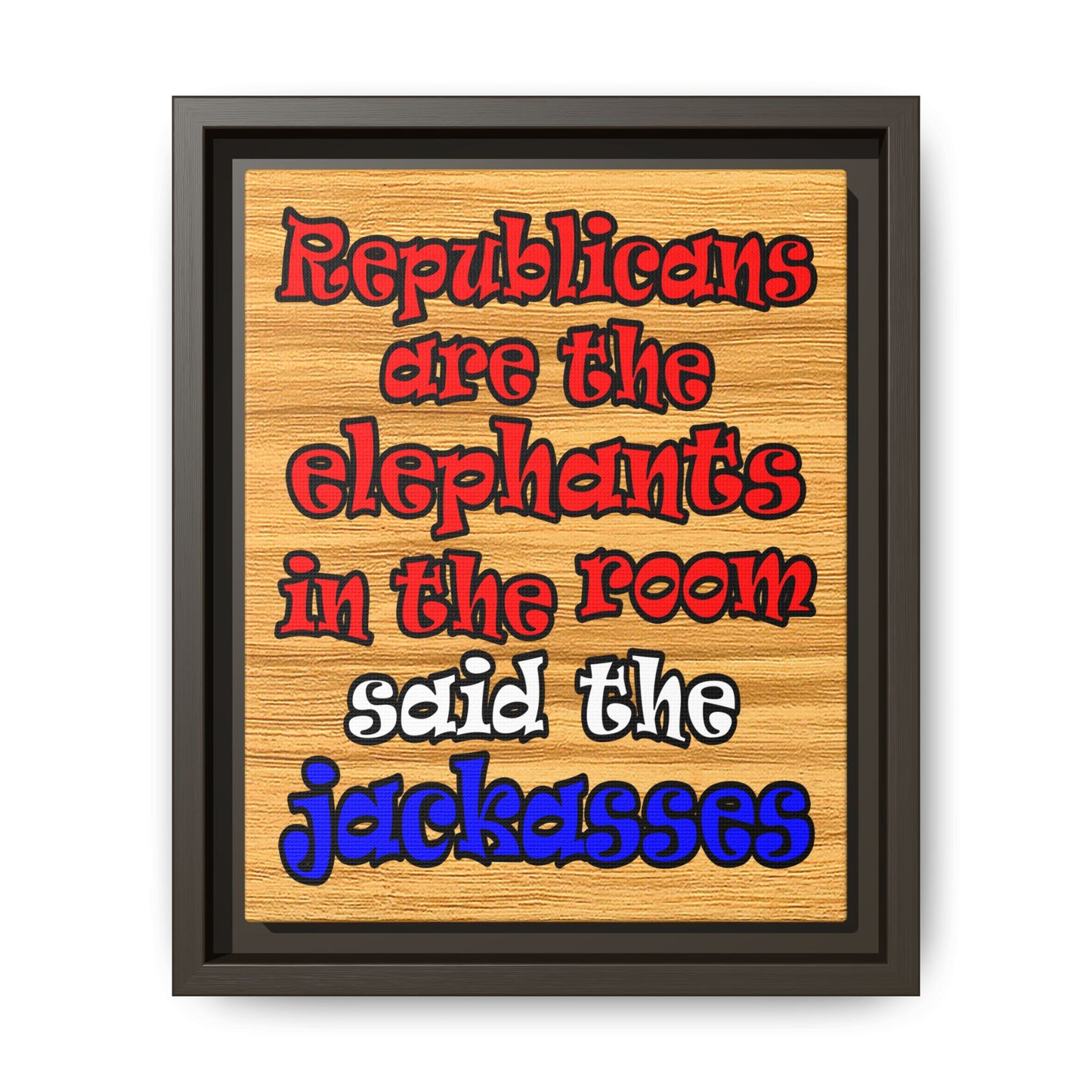 donkeys and elephants - framed canvas art (butterscotch wood finish)