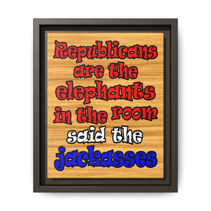 donkeys and elephants - framed canvas art (butterscotch wood finish)