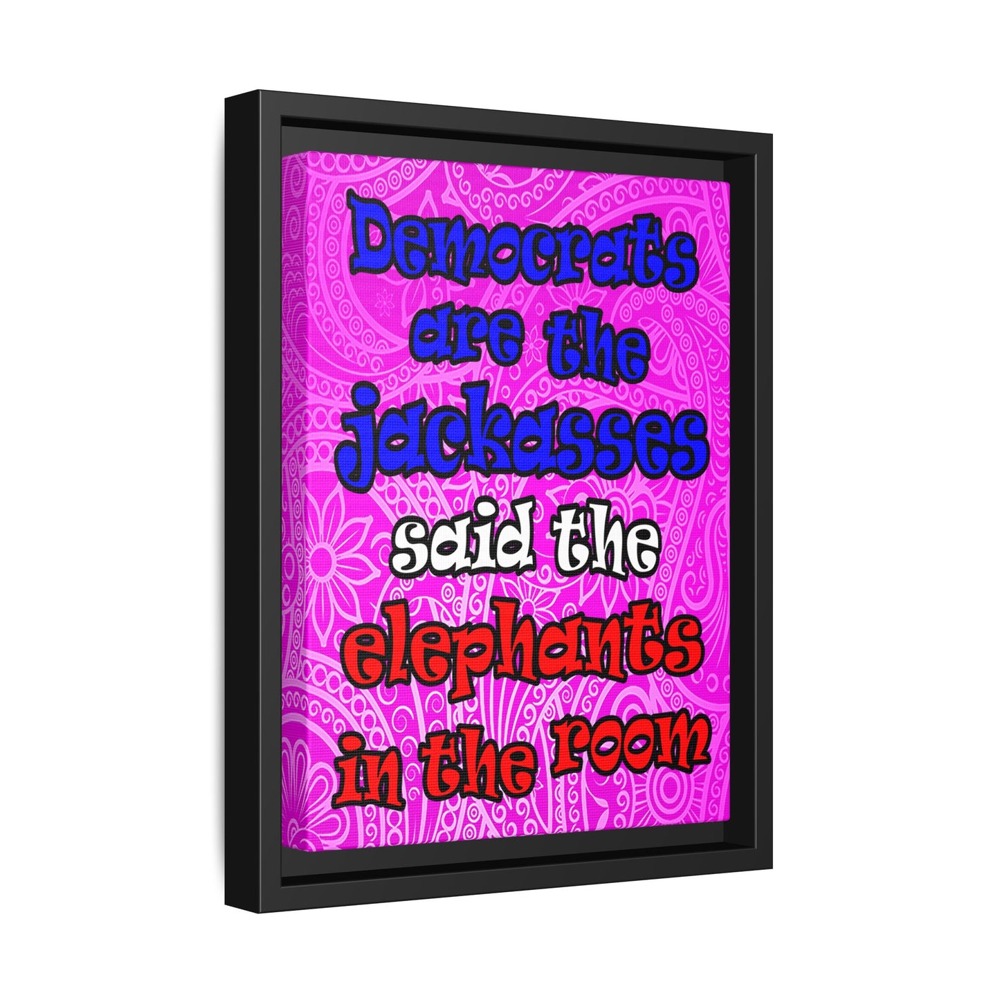 donkeys and elephants - framed canvas art (pink swirl)