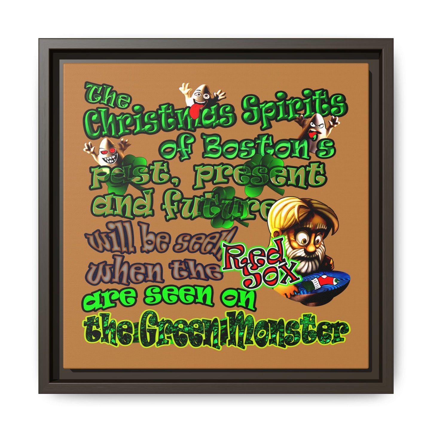 christmas spirits of boston - framed canvas art (light brown)
