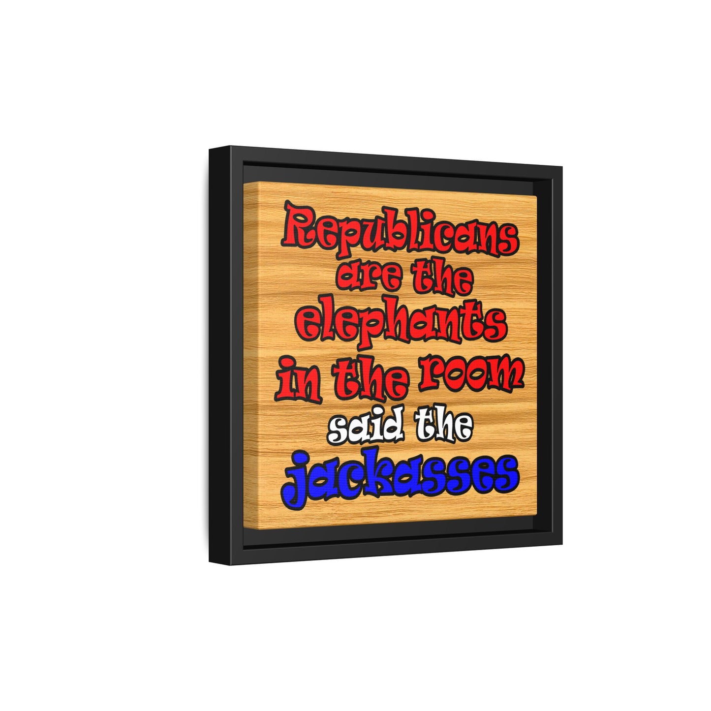 donkeys and elephants - framed canvas art (butterscotch wood finish)