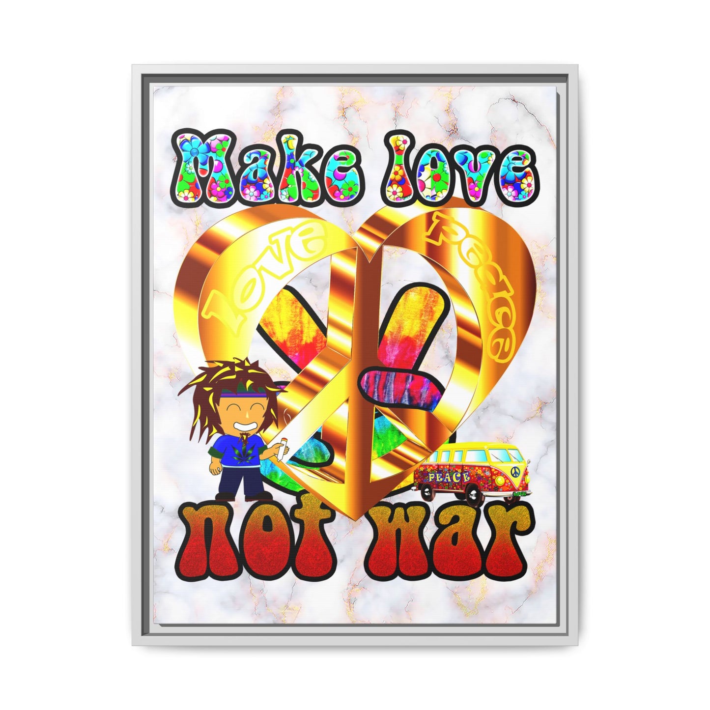 love peace - framed canvas art (white marble)