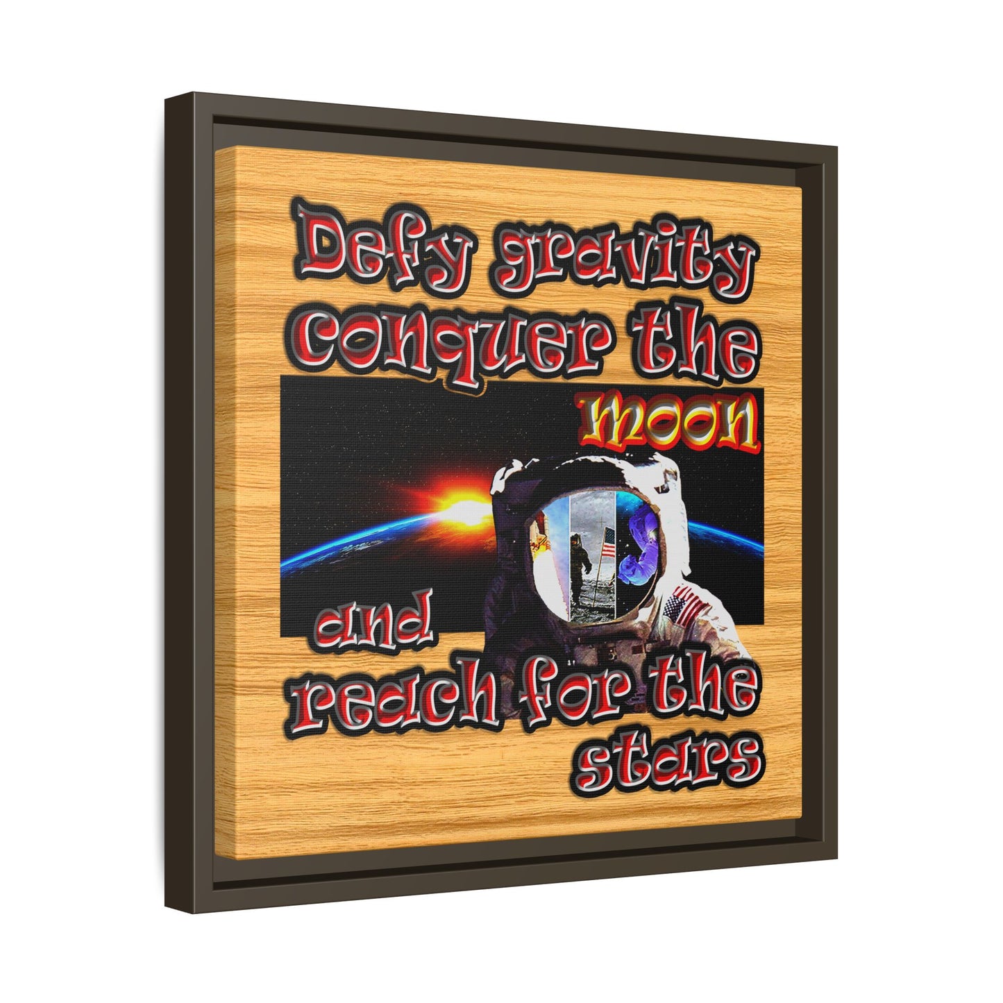 defy conquer reach - framed canvas art (butterscotch wood finish)