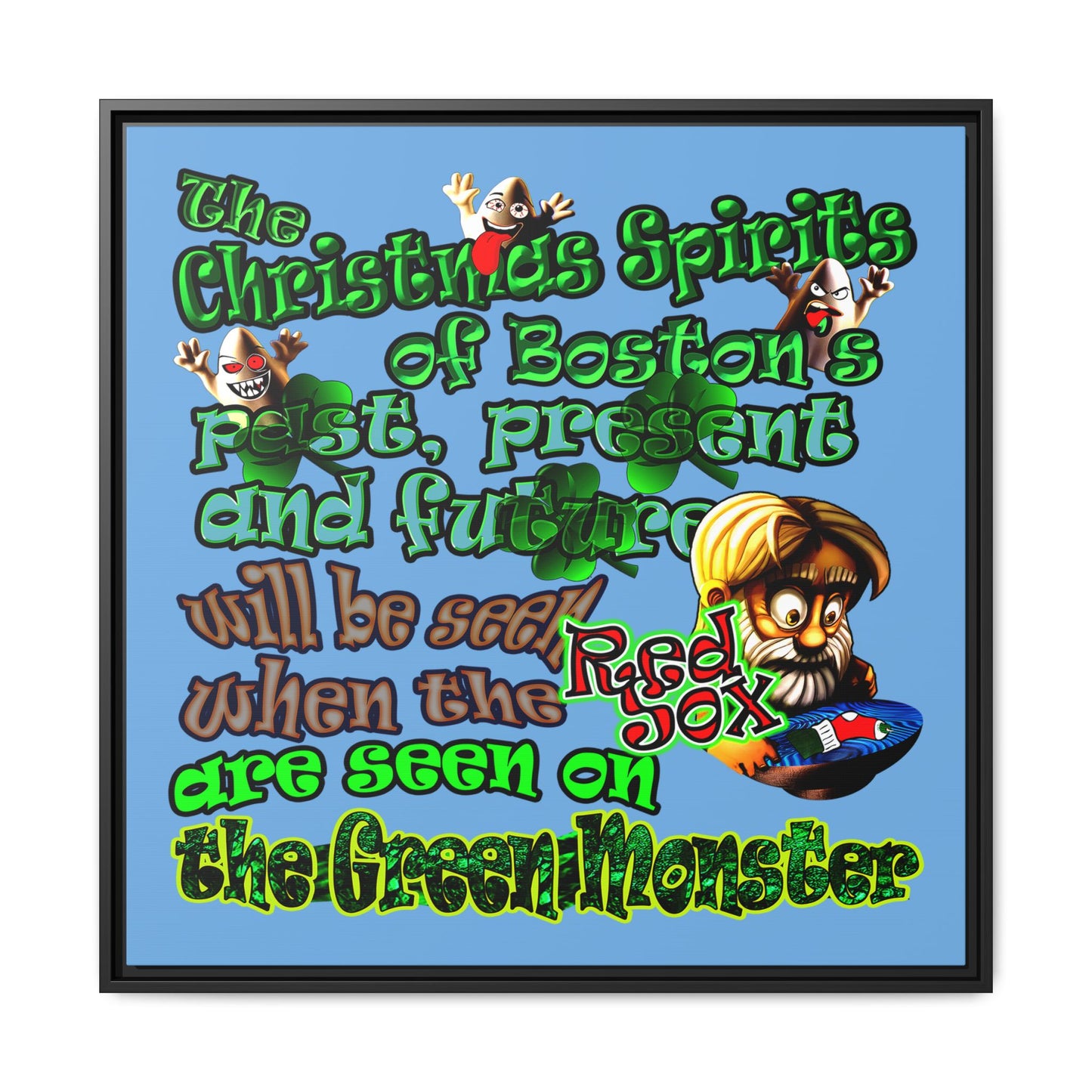 christmas spirits of boston - framed canvas art (light blue)