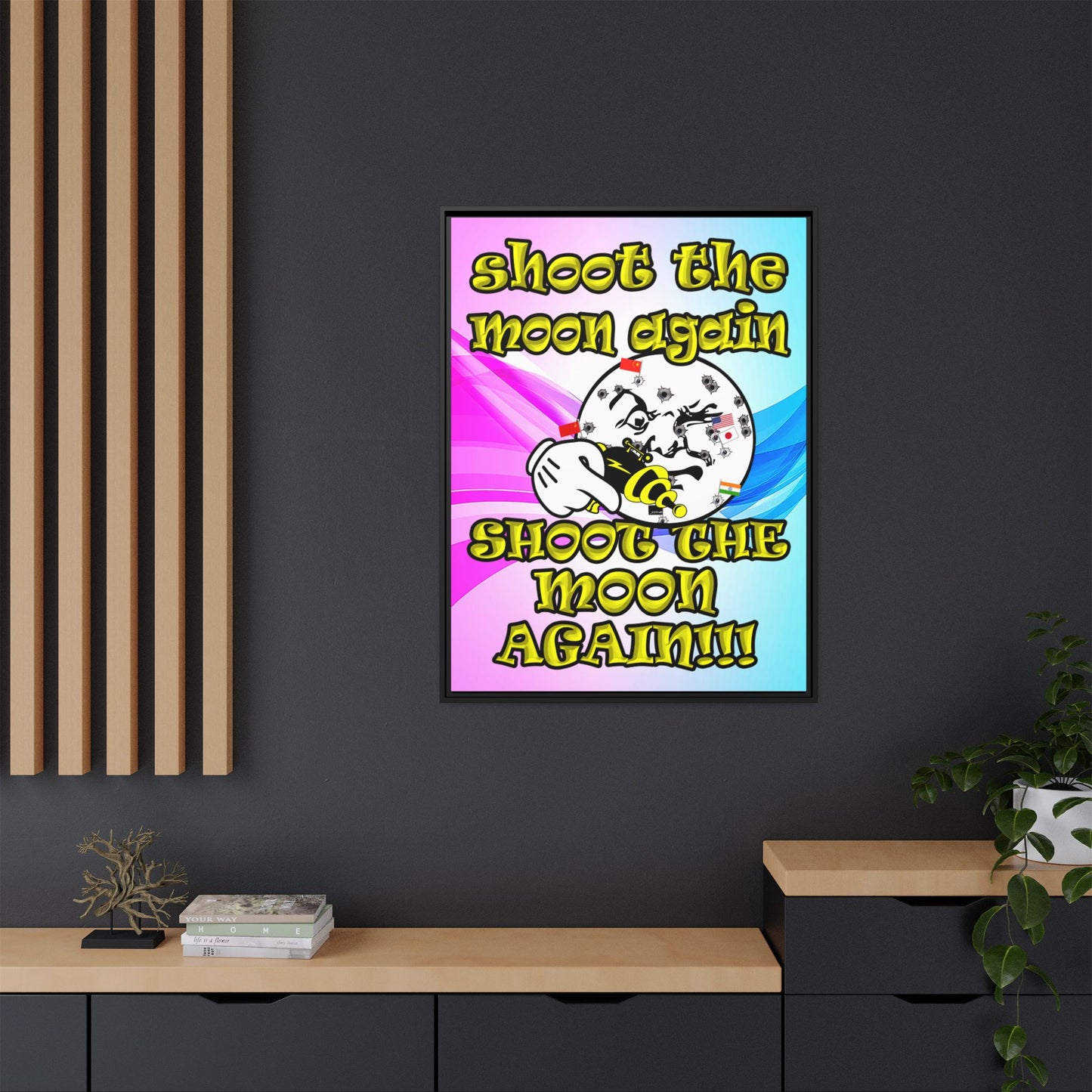 shoot the moon again - framed canvas art (light blue-pink wave)
