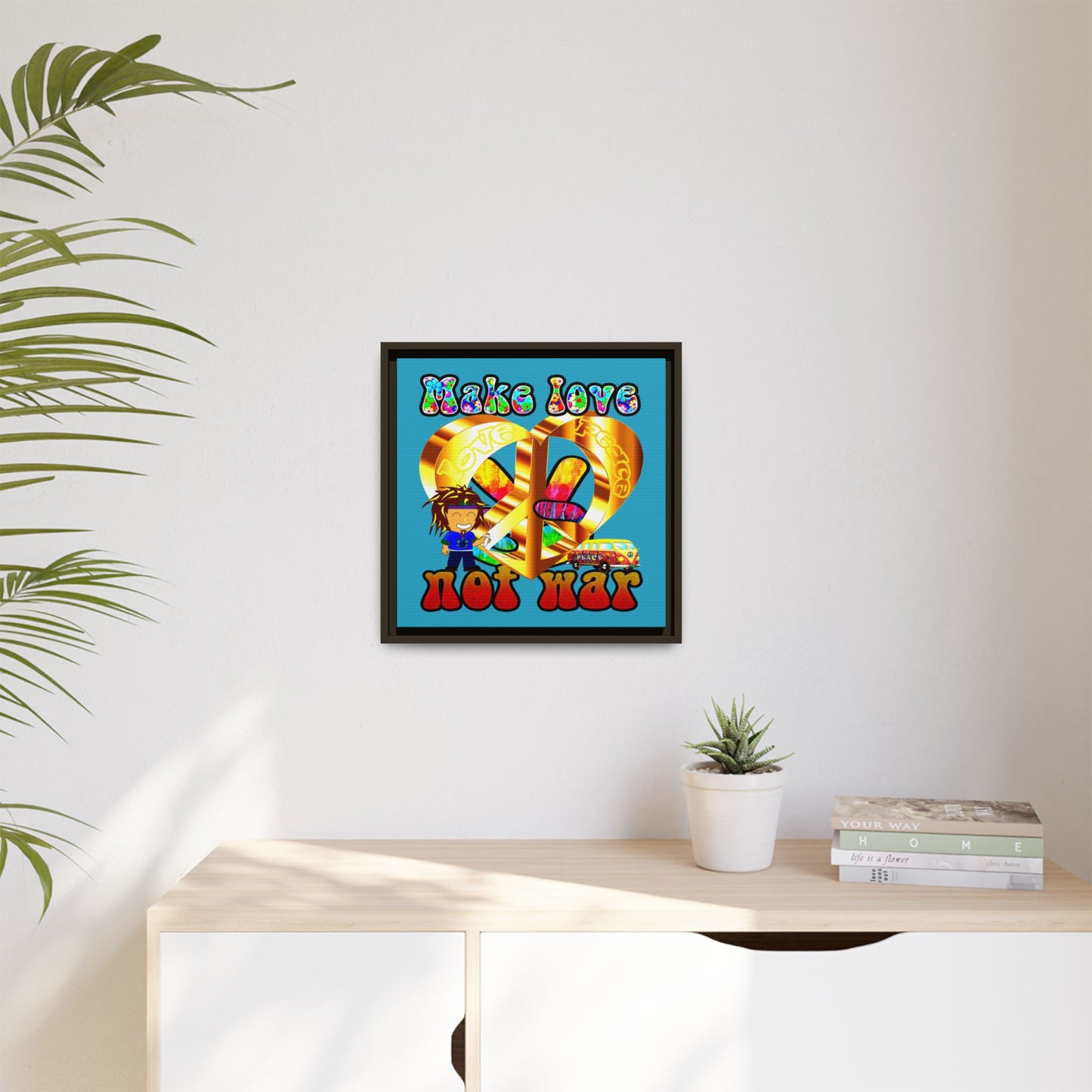 love peace - framed canvas art (turquoise)
