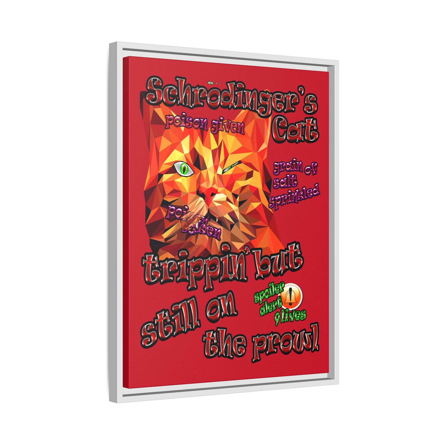 schrodinger's cat - framed canvas art (dark red)