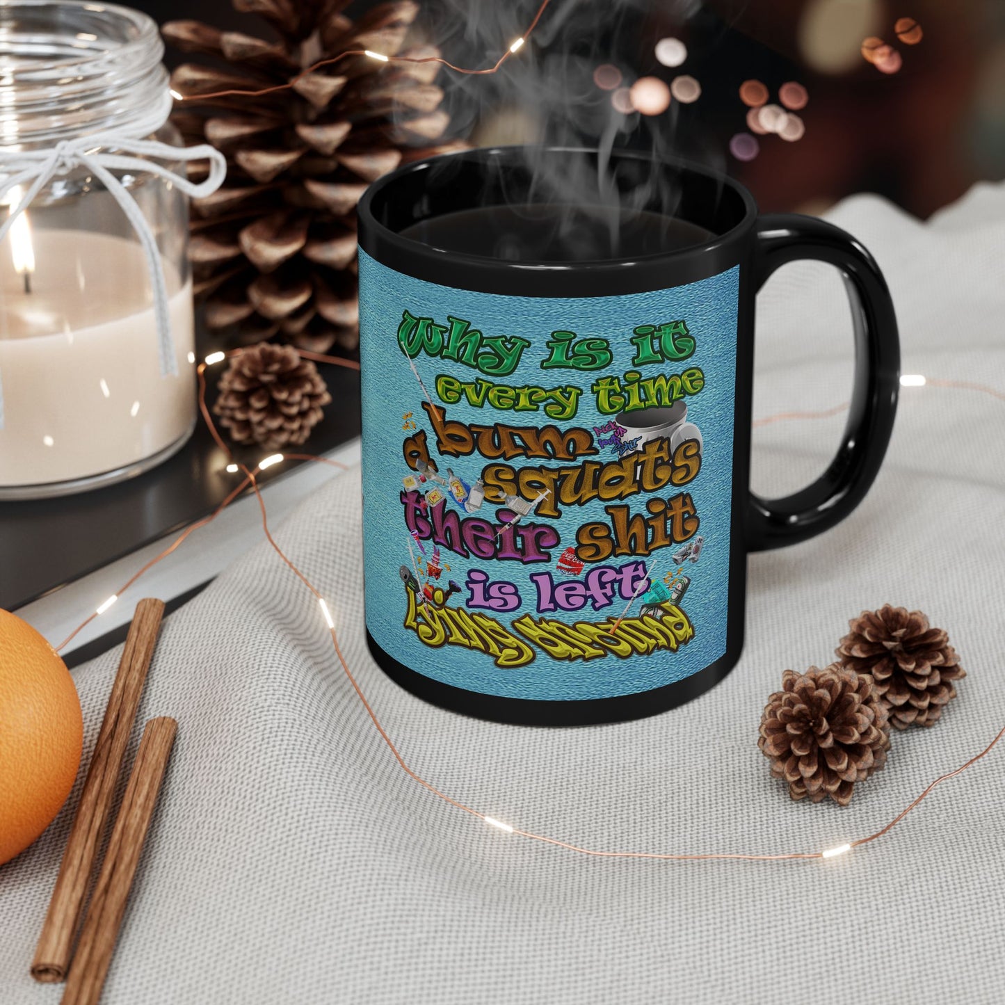 the bum's shit - Black Mug (faded blue)