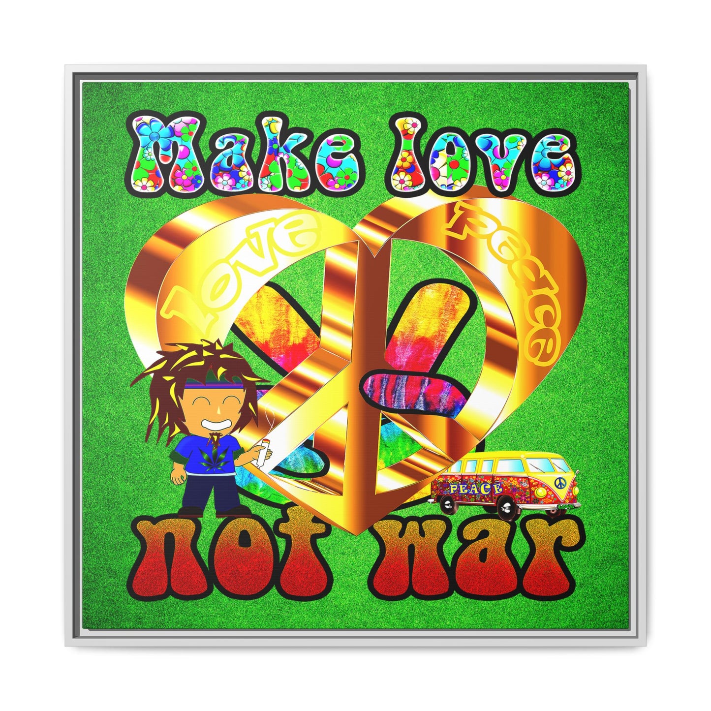 love peace - framed canvas art (green turf)