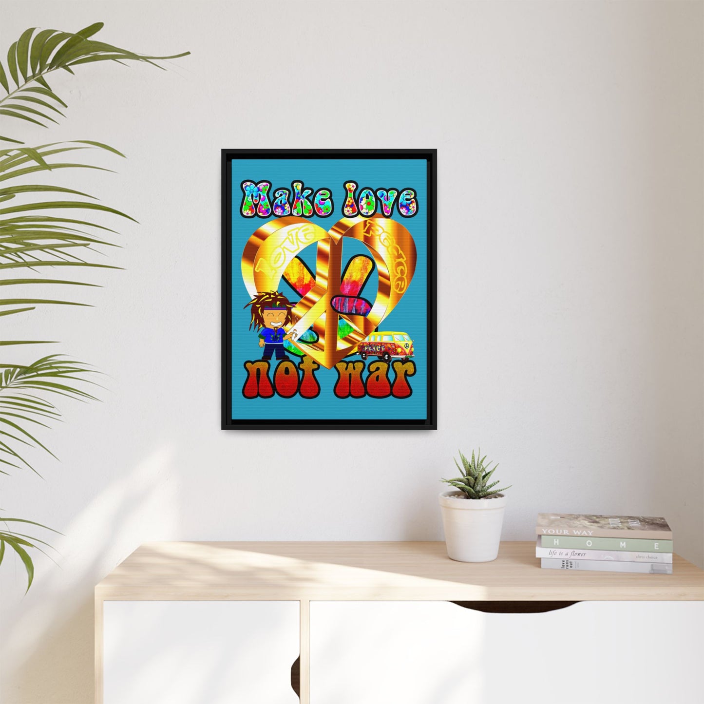 love peace - framed canvas art (turquoise)