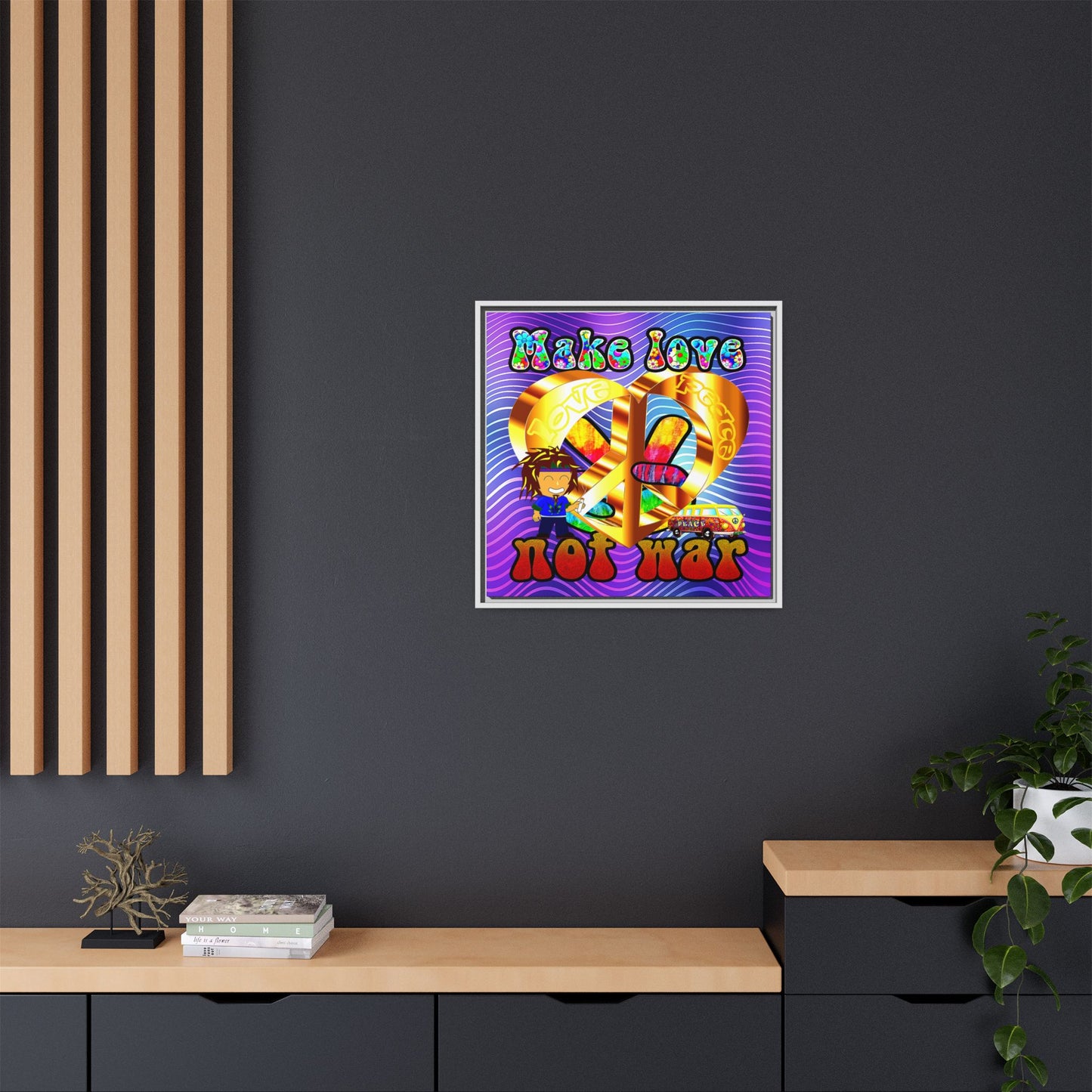 love peace - framed canvas art (purple wave)